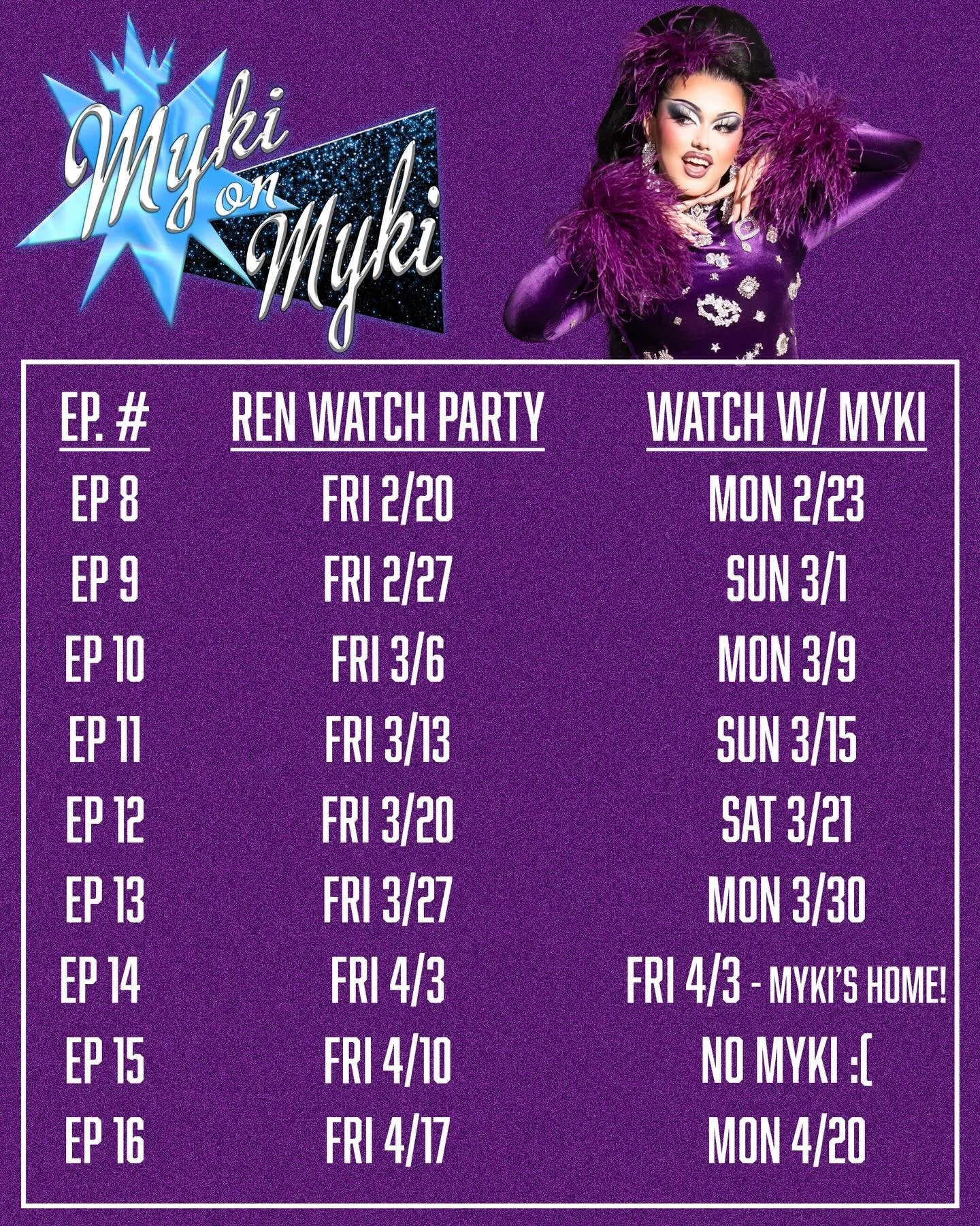 Our queen is going cross-country on Fridays, but The Ren is still THE place to watch the new episodes of RuPaul&rsquo;s Drag Race Season 18 LIVE every Friday night.

Myki on Myki, the YouTube show, will continue filming when Myki comes home each week