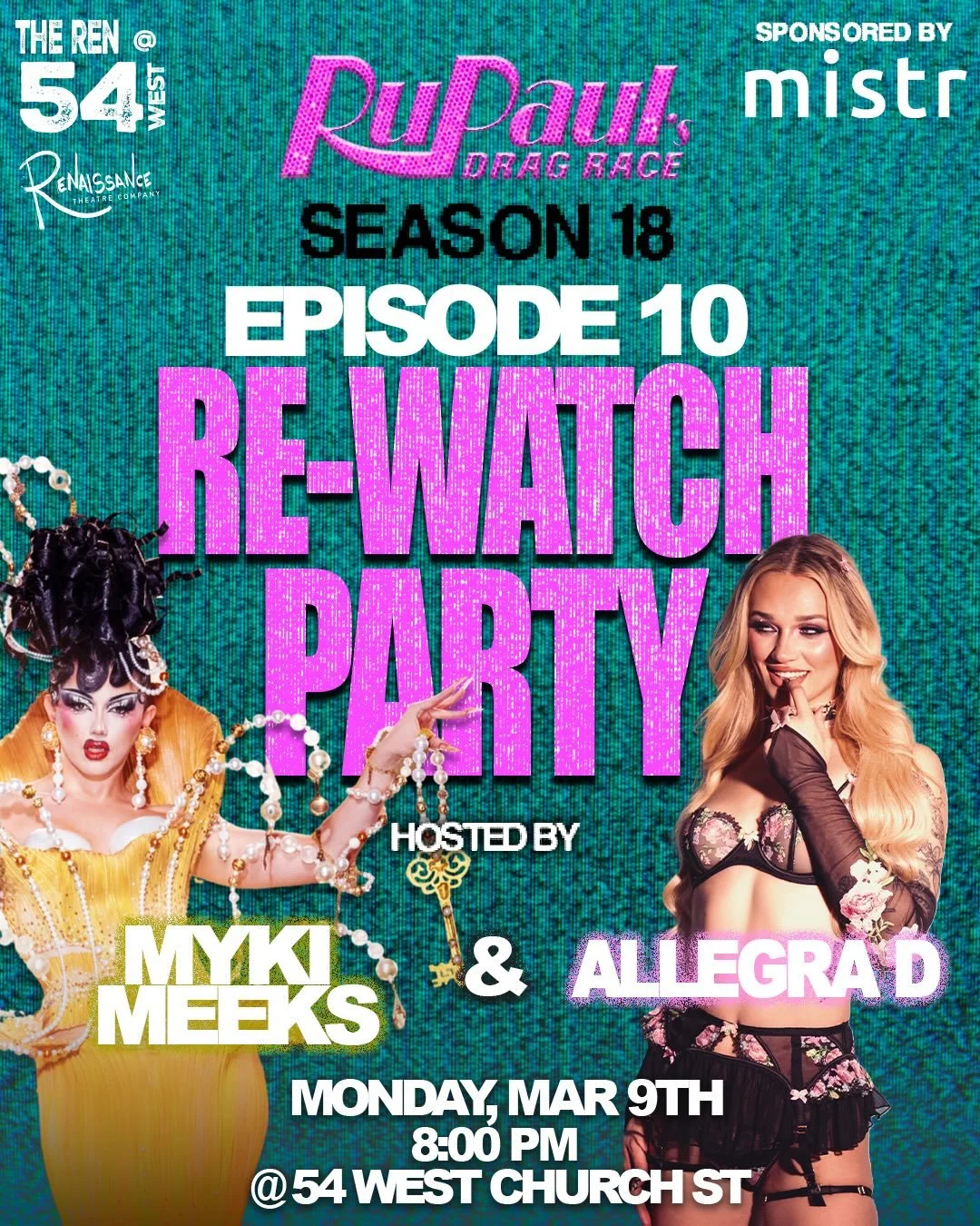 Another Myki Monday! Join Myki Meeks and Allegra D as they Re-Watch episode 10 of RPDR this Monday (3/9). If your mom won&rsquo;t let you out on a school night, La Mami, Orusha San Miguel is hosting the Watch Party live tomorrow! Tickets at rentheatr