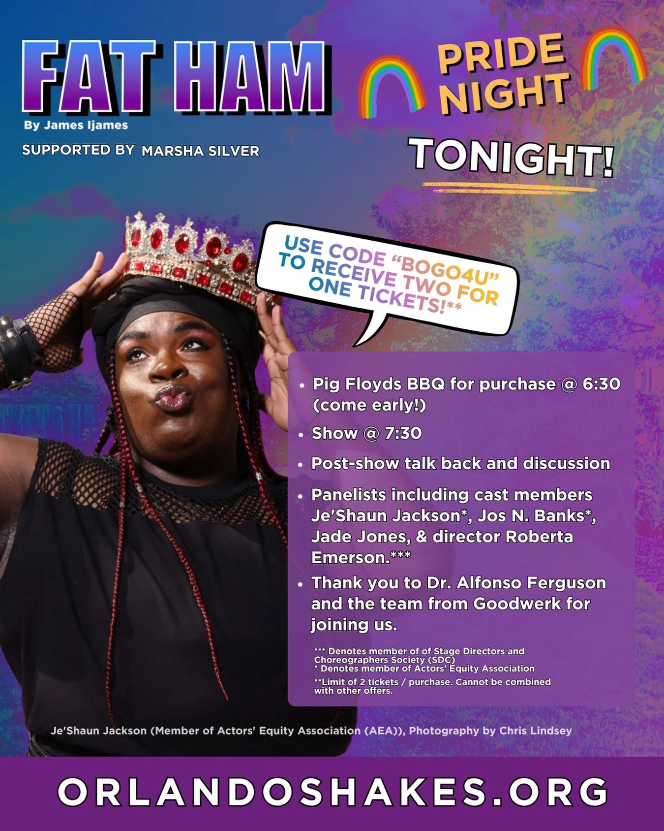 It&rsquo;s Pride night @ the cookout and you&rsquo;re invited! Our friends at @orlandoshakes are hosting a Pride Affinity performance of &ldquo;Fat Ham&rdquo; tonight @ 7:30 p.m. Use code: &ldquo;BOGO4U&rdquo; for two for one tix. Come hungry @pigflo