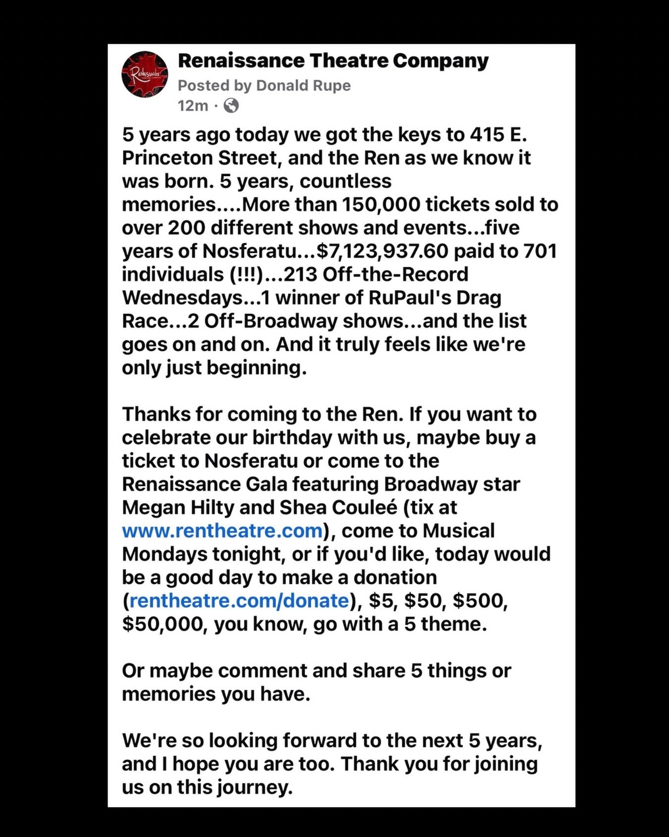 Happy 5th Birthday to Renaissance Theatre Company. Rentheatre.com