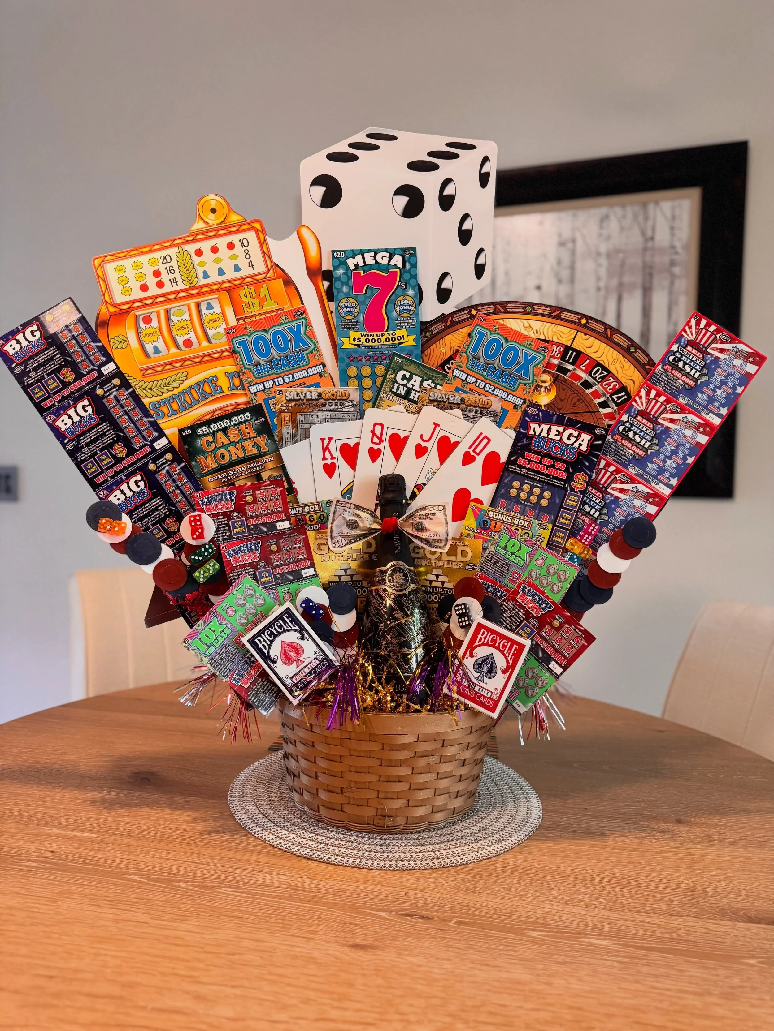 At the Ren Gala NEXT TUESDAY, we&rsquo;ll be doing a raffle and a silent auction for some big-ticket prizes that we&rsquo;re announcing soon, like this Lottery Gift Basket ($150 worth of Lotto Tickets, Wine, and Cash) donated by @michellecoben !&nbsp