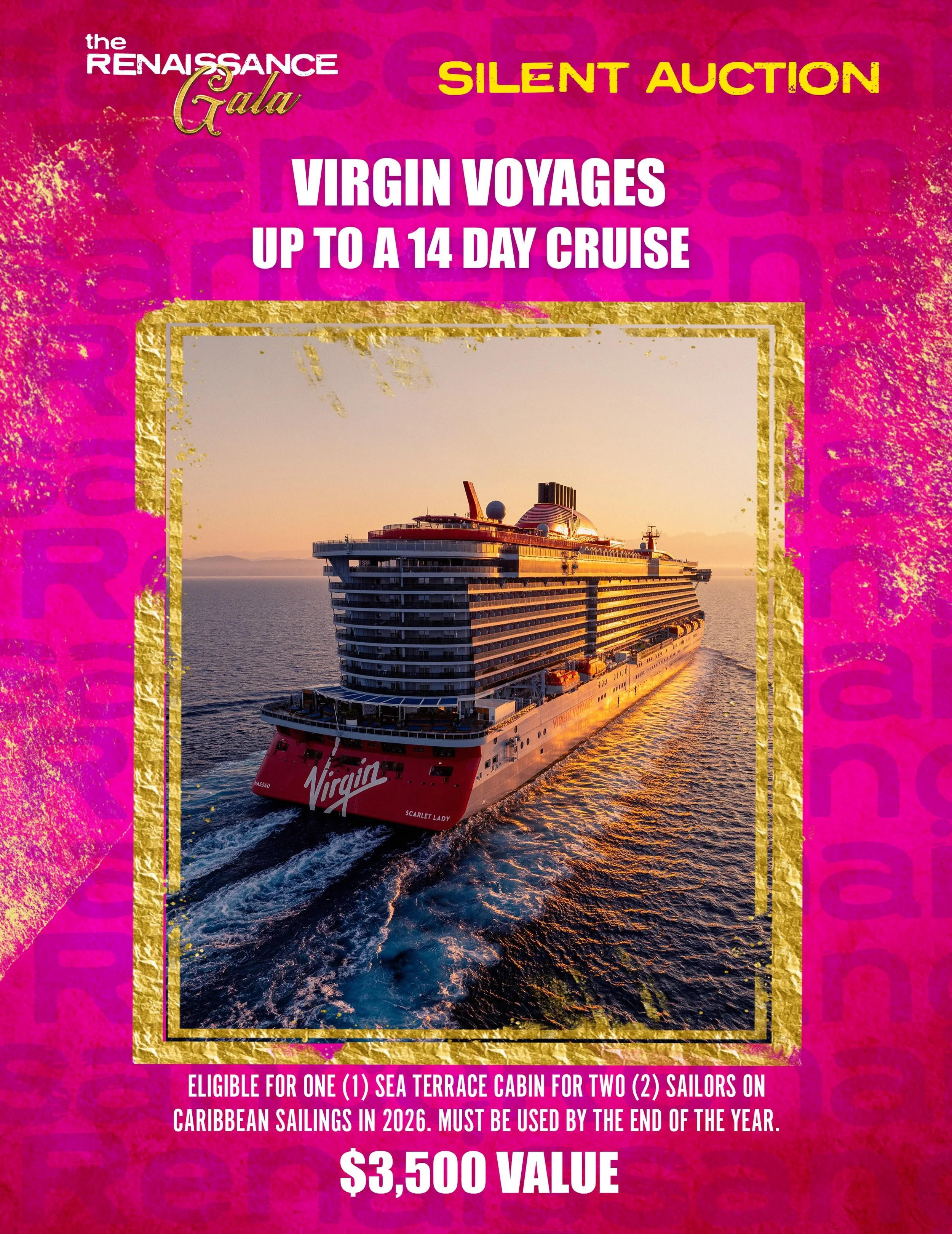 The Silent Auction is now LIVE!!! Virgin Voyages came in clutch with a CRUISE, yall! We have hotel stays and TATTOOS and PHOTO SHOOTS and designer BAGS and a Nosferatu CAMEO, oh my! You can bid starting now, and the auction closes Wed. Sep. 23rd at 9