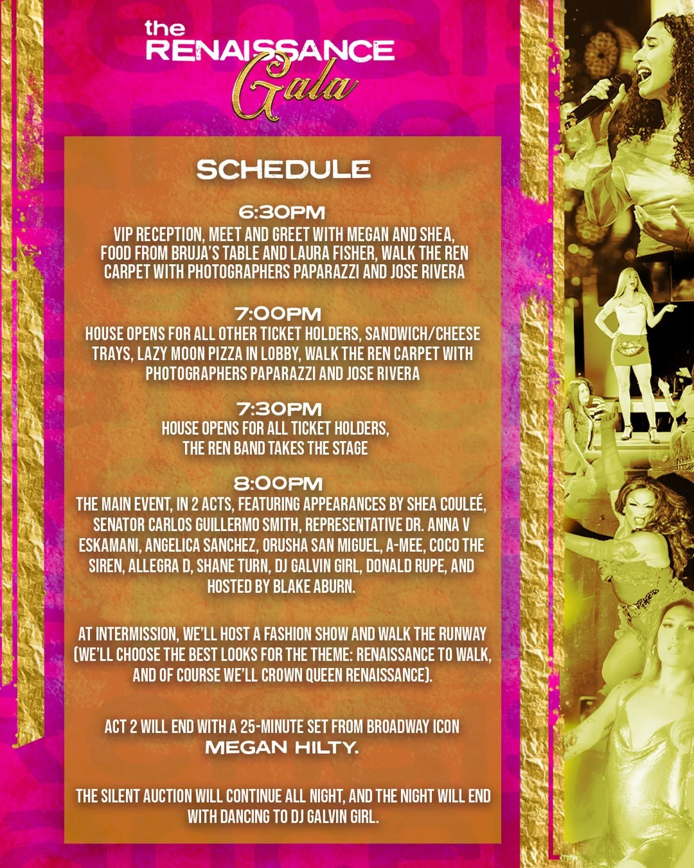 The Renaissance Gala, featuring Megan Hilty and Shea Coule&eacute;, is TONIGHT! Here&rsquo;s the schedule.
Thanks to the Plaza Live for hosting us! 

Tickets still available at rentheatre.com (tickets as low as $20 with VIP upgrades from there).