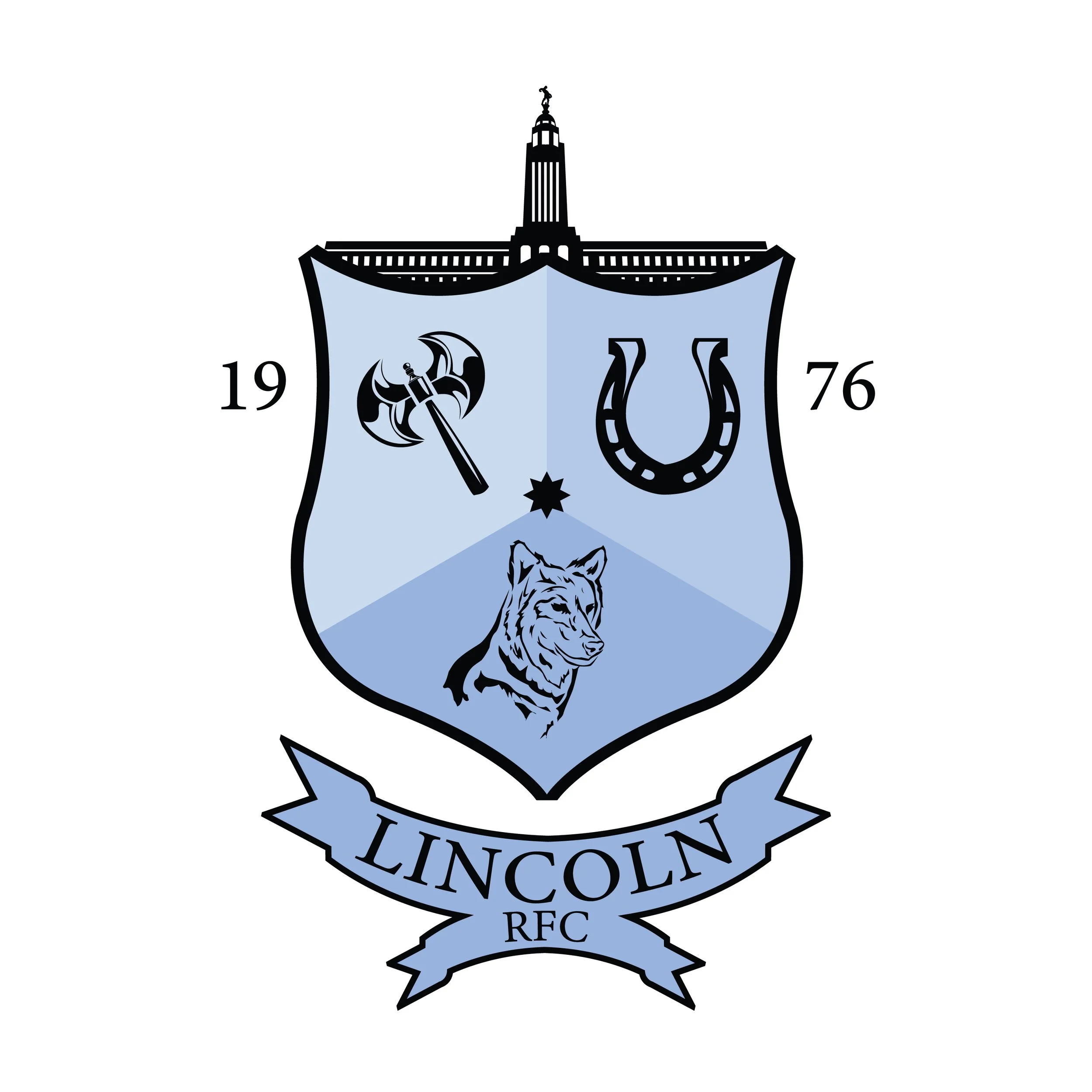 Traditional heraldry logo for rugby team Lincoln Wolves RFC which celebrates the history of the team as the Barbarians, the Colts, and finally the Wolves. Crest celebrates the history of the town by including its capitol building and its historic sta