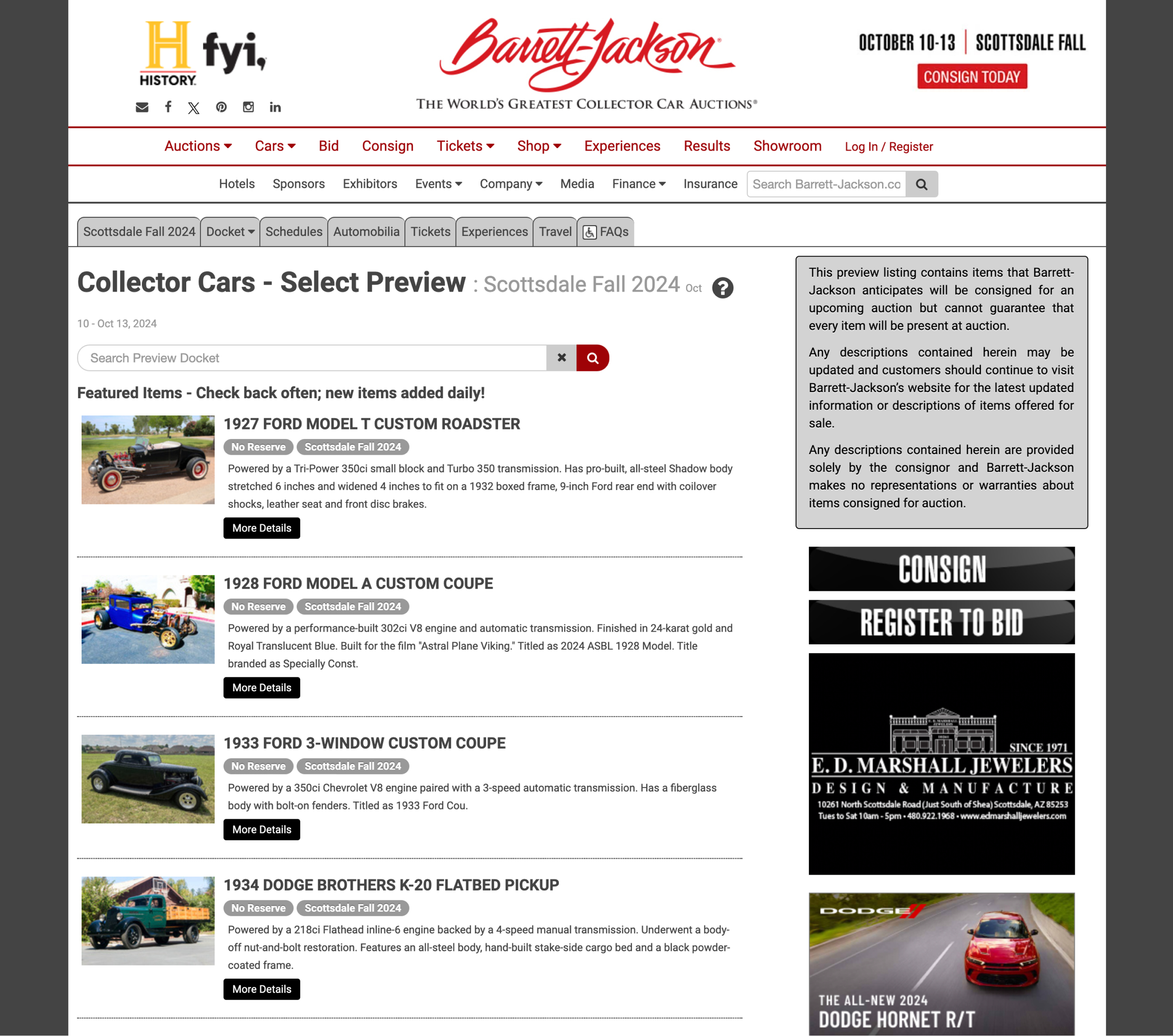 Screenshot of the Barrett-Jackson collector cars auction website showing a list of cars available for upcoming auction, including a 1927 Ford Model T Custom Roadster, a 1928 Ford Model A Custom Coupe, a 1933 Ford 3-Window Custom Coupe, and a 1934 Dodge Brothers K-20 Flatbed Pickup.