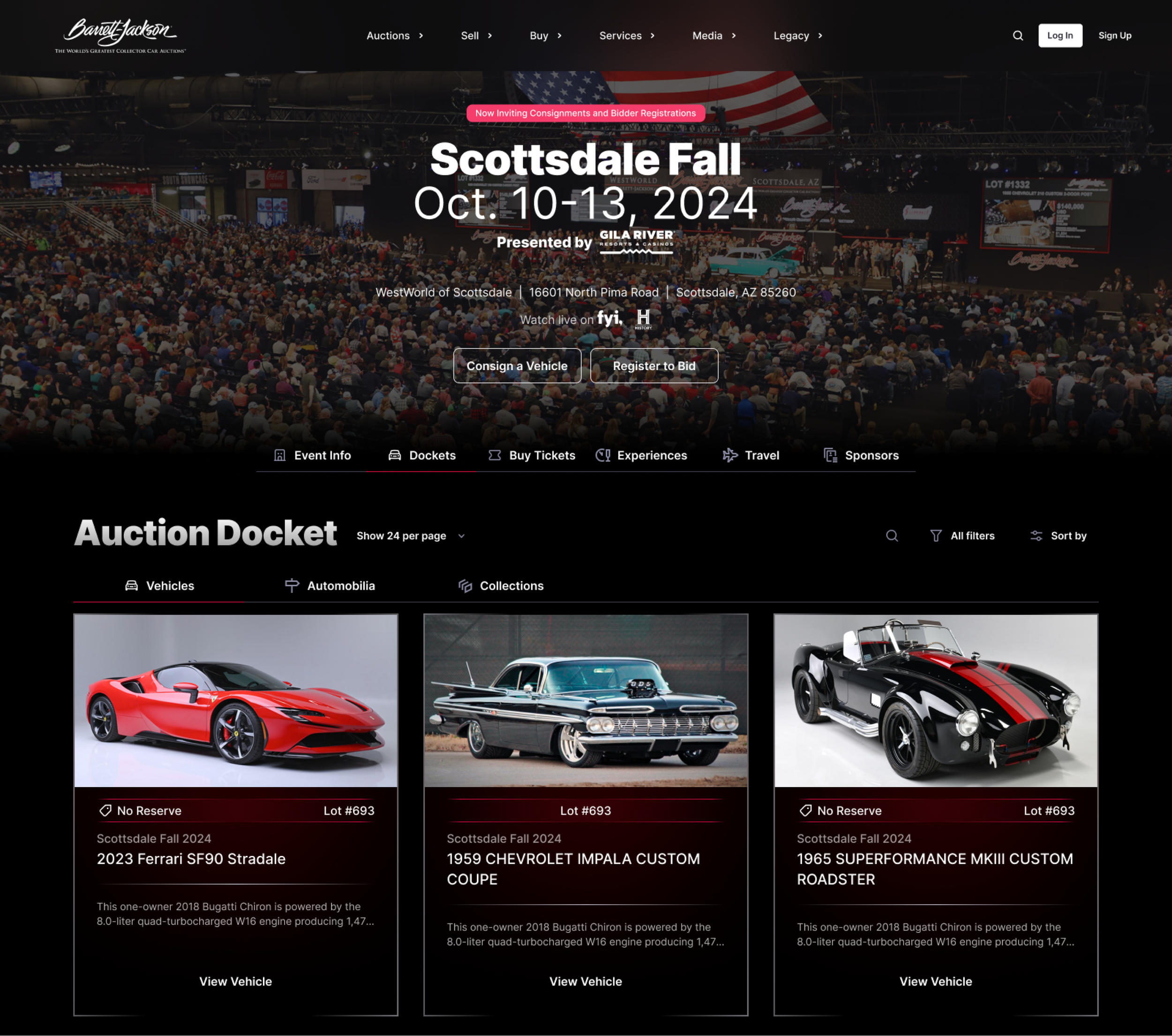 Screenshot of Barrett-Jackson auction website featuring an upcoming Scottsdale Fall auction in October 2024. The homepage shows news about consignments and bidder registration, event details including date and location, and options to view event info, dockets, buy tickets, and more. The auction docket displays three cars: a red 2023 Ferrari SF90 Stradale, a vintage blue and white 1959 Chevrolet Impala Custom Coupe, and a black 1965 Superformance MKIII Custom Roadster.
