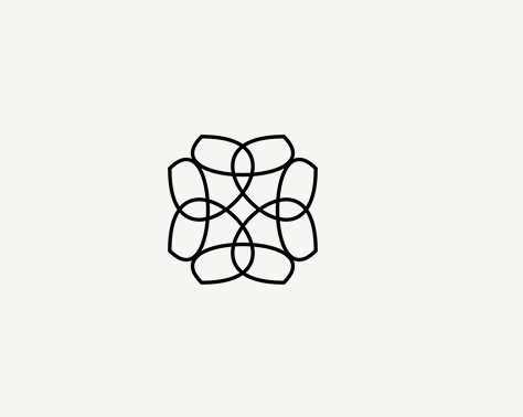 A black geometric line drawing resembling a symmetrical abstract flower or star with interconnected loops on a light gray background.