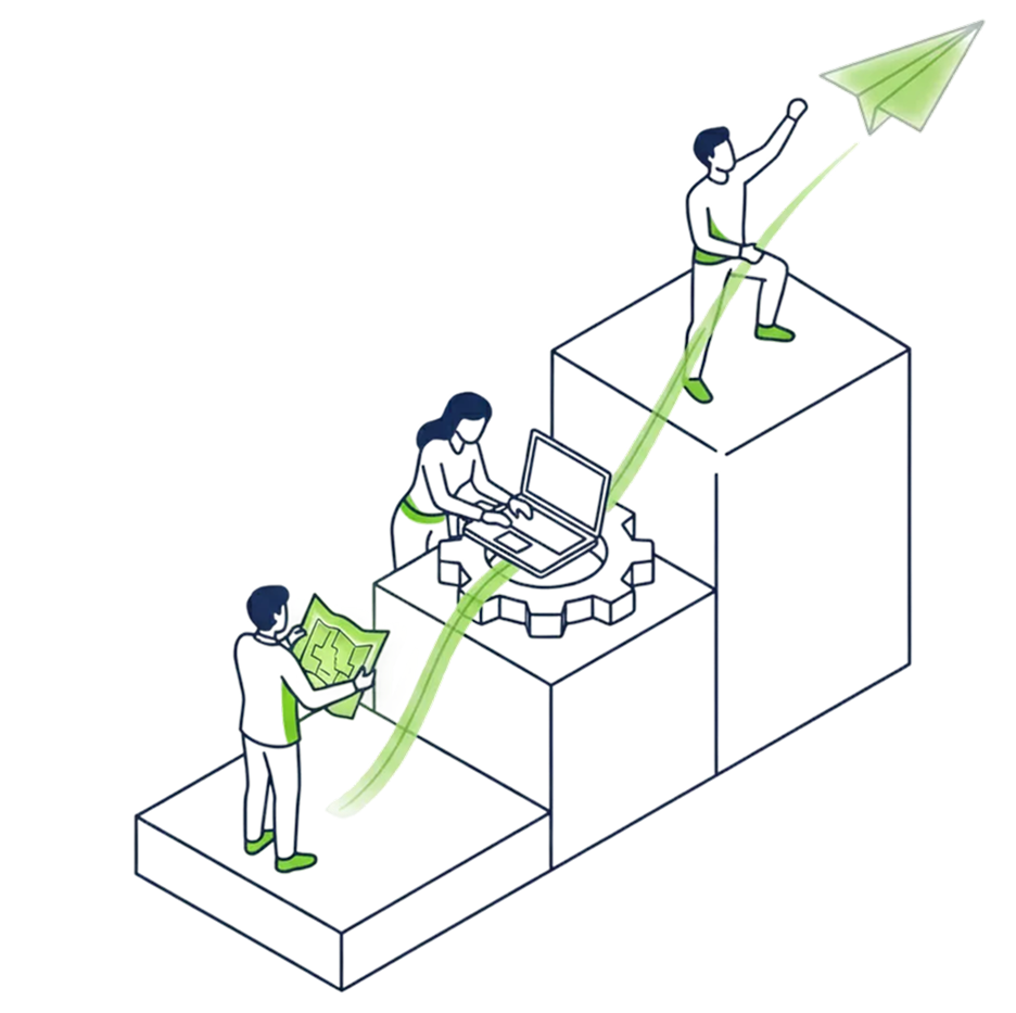 Illustration of three people collaborating on a digital project, with visual elements including a laptop, a large upward arrow, and a paper airplane, symbolizing growth and communication.