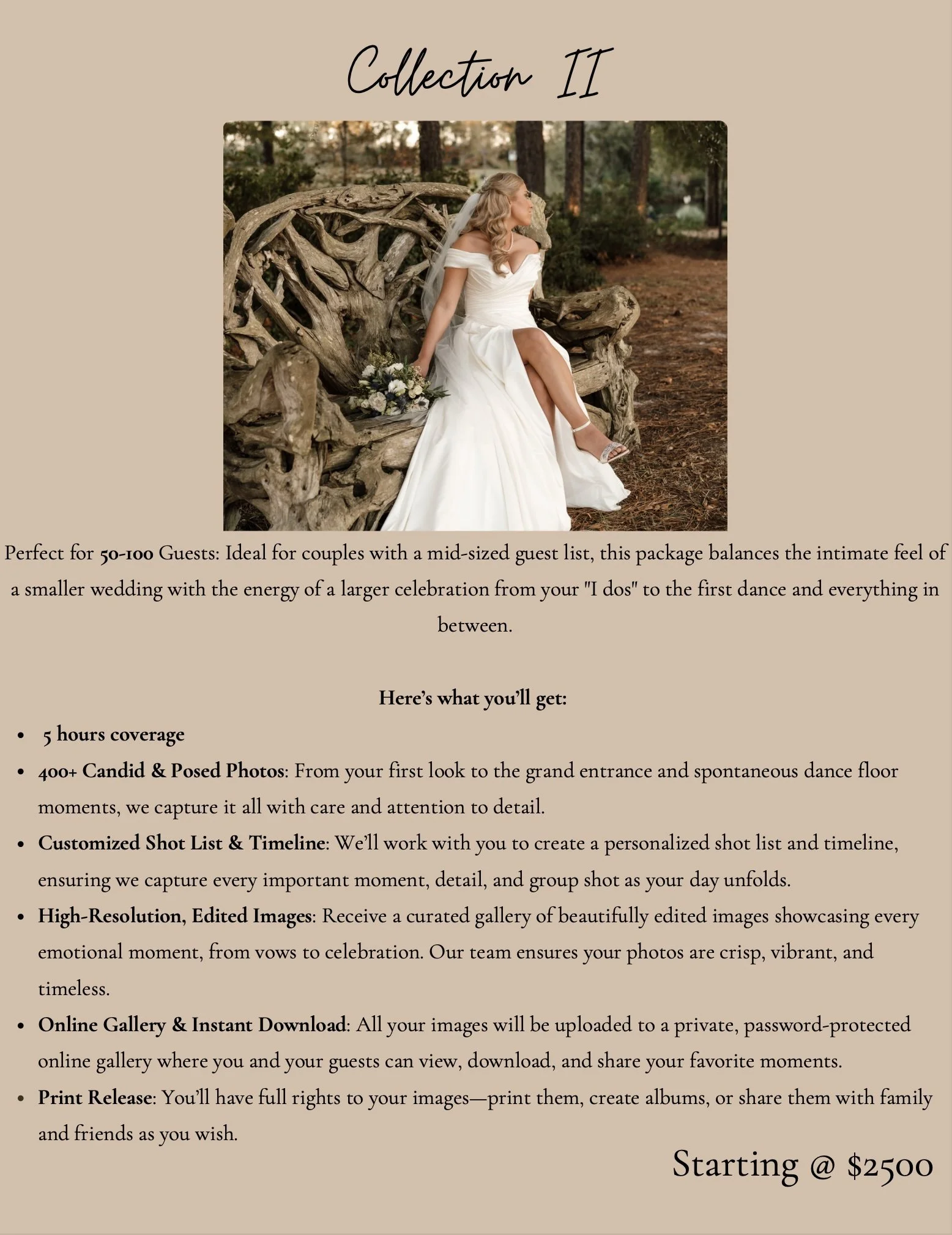 A wedding advertisement featuring a bride in a white gown sitting on a wooden bench outdoors, with a bouquet in her hand and a forest background.