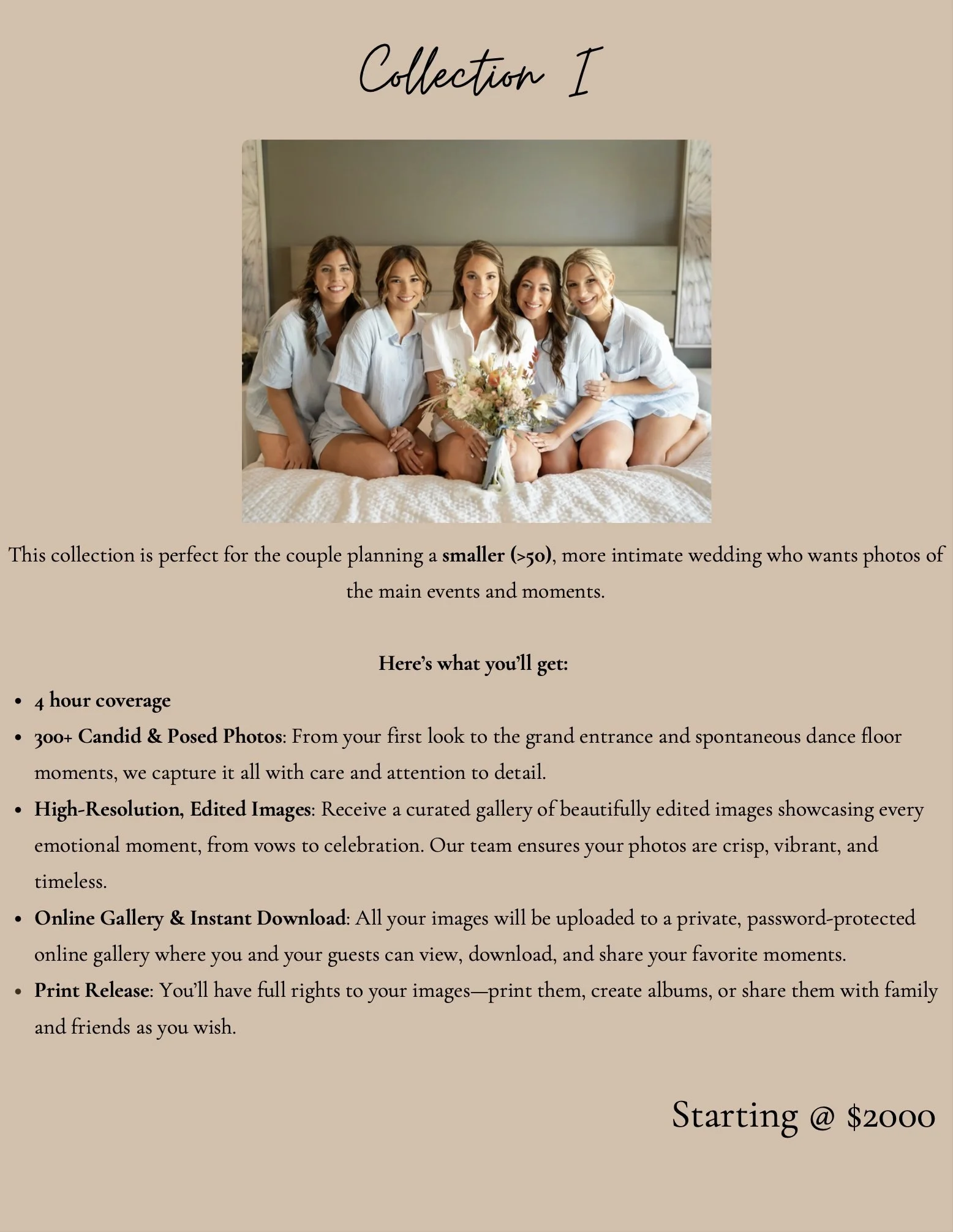 Advertisement for a wedding photography collection called 'Collection I,' featuring a photo of five women sitting on a bed, smiling, with one holding a bouquet of flowers, and detailing the offering's features and starting price of $2000.