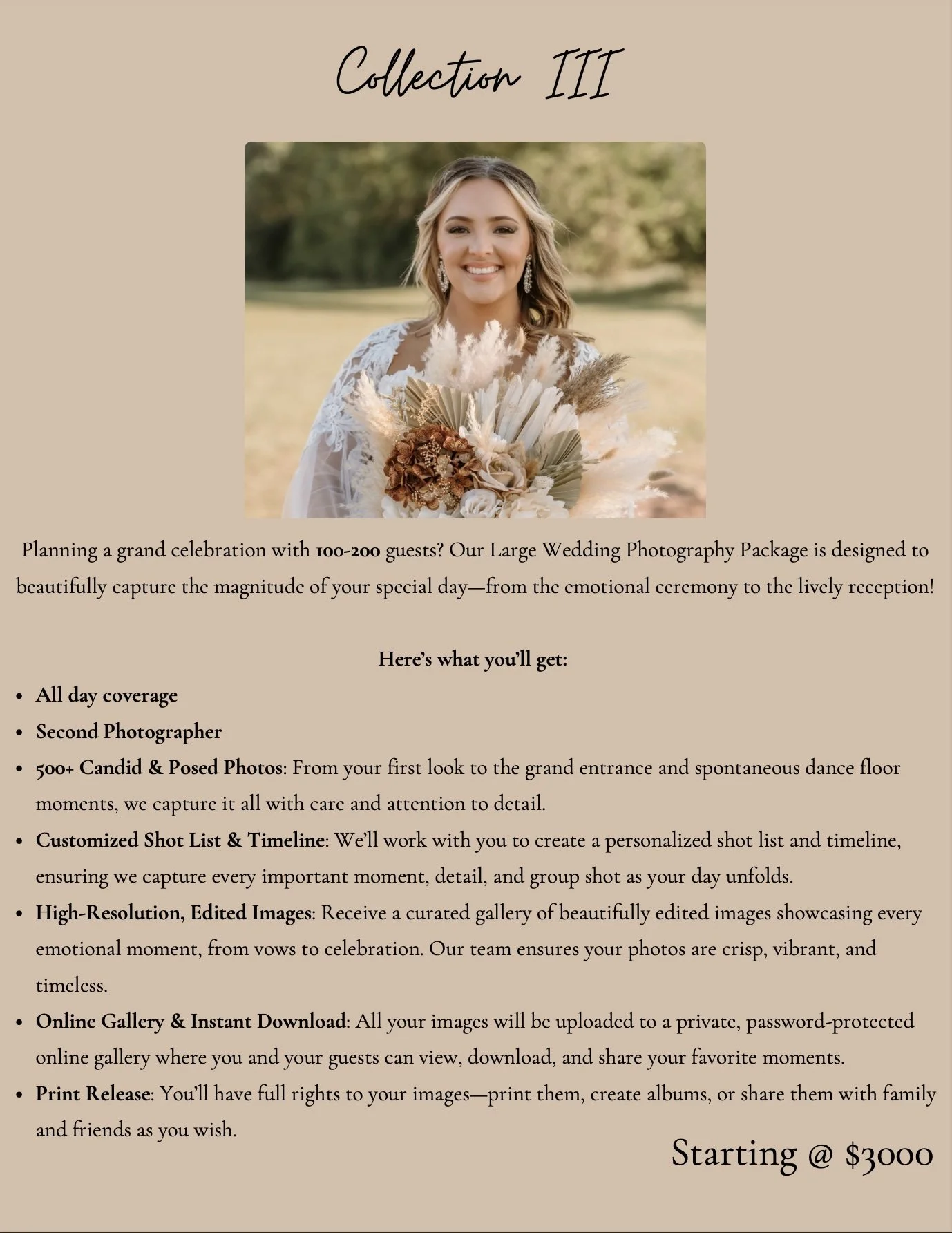 Wedding photography package flyer with a smiling bride holding a bouquet, text about wedding photography services, and pricing starting at $3000.