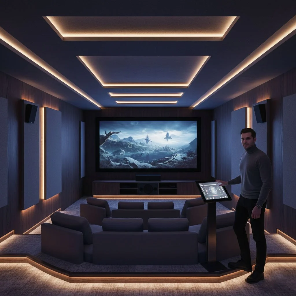 A modern home theater room with a large screen showing a sci-fi landscape, seating area with curved sofas, and a man standing at a control console.