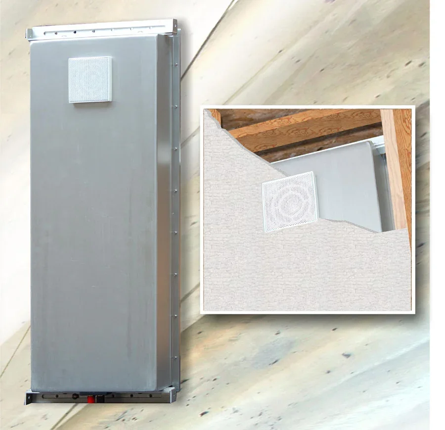 Metal electrical panel with a small vent or speaker grille, and a close-up inset showing the panel partially covered by a textured fabric ceiling tile.