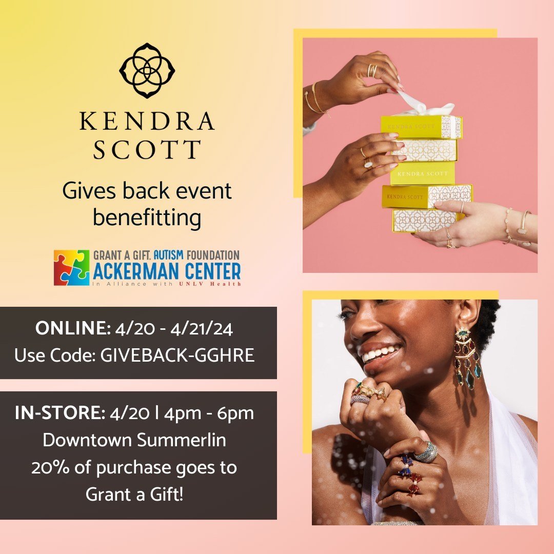 Join us in-store at @kendrascott Downtown Summerlin on Saturday, April 20th from 4PM - 6PM and mention Grant a Gift at checkout for 20% of your purchase to go towards our mission of providing comprehensive clinical services, resources, education, res