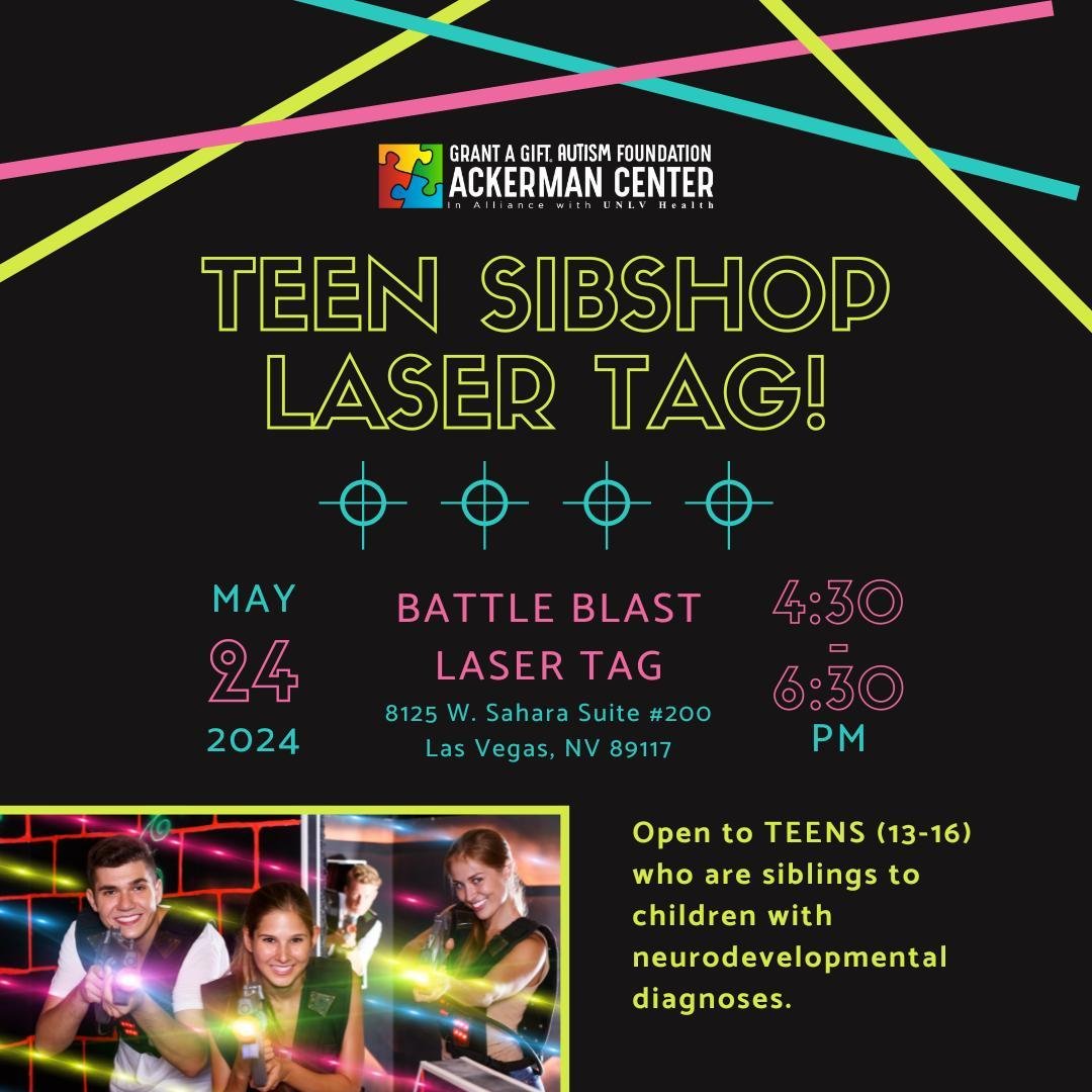 Attention TEENS (13-16) who are siblings to children with neurodevelopmental diagnoses: join us for Sibshop Laser Tag on May 24th starting at 4:30 PM!⁠
💥🎯⁠
This is a FREE event! Participants will enjoy pizza, drinks, game tokens, and 2 games of las