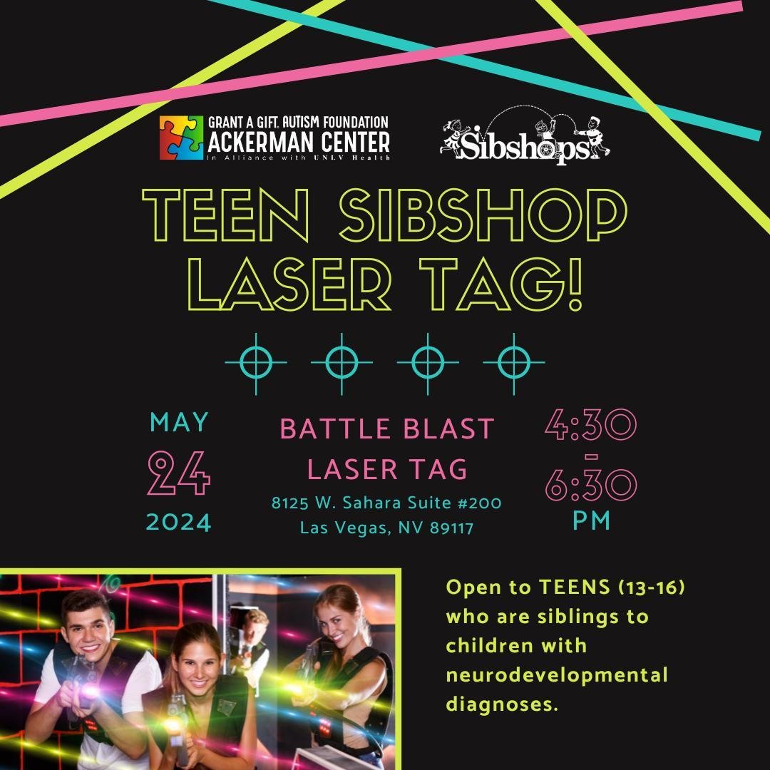 Attention TEENS (13-16) who are siblings to children with neurodevelopmental diagnoses: join us for Sibshop Laser Tag on May 24th starting at 4:30 PM!⁠
💥🎯⁠
This is a FREE event! Participants will enjoy pizza, drinks, game tokens, and 2 games of las