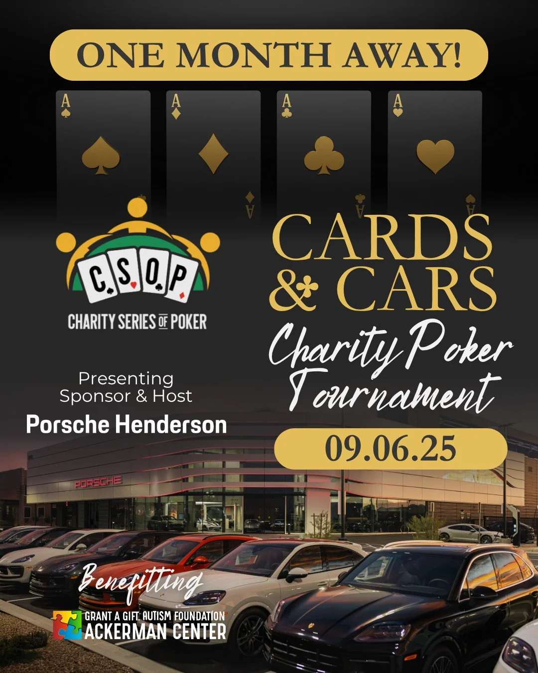 🚨 ONE MONTH AWAY! 🚨⁠
⁠
Cards &amp; Cars is rolling in Sept 6 at Porsche of Henderson &mdash; and it&rsquo;s more than just poker. Get ready for:⁠
⁠
🎲 Charity poker tournament⁠
🍸 Cocktails from @sipsinthedesert⁠
☕ Coffee &amp; Espresso martinis fr