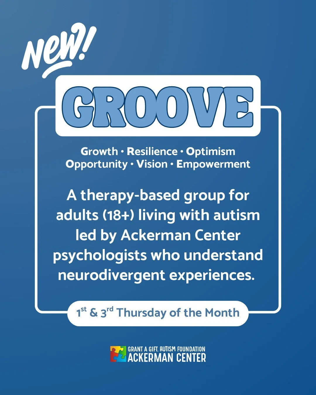 Adulthood can bring new layers of complexity for neurodivergent adults. GROOVE was created to offer a space to navigate it all together.⁠
⁠
GROOVE is a therapy-based group for adults 18+ living with autism. Participants explore relationships, stress,