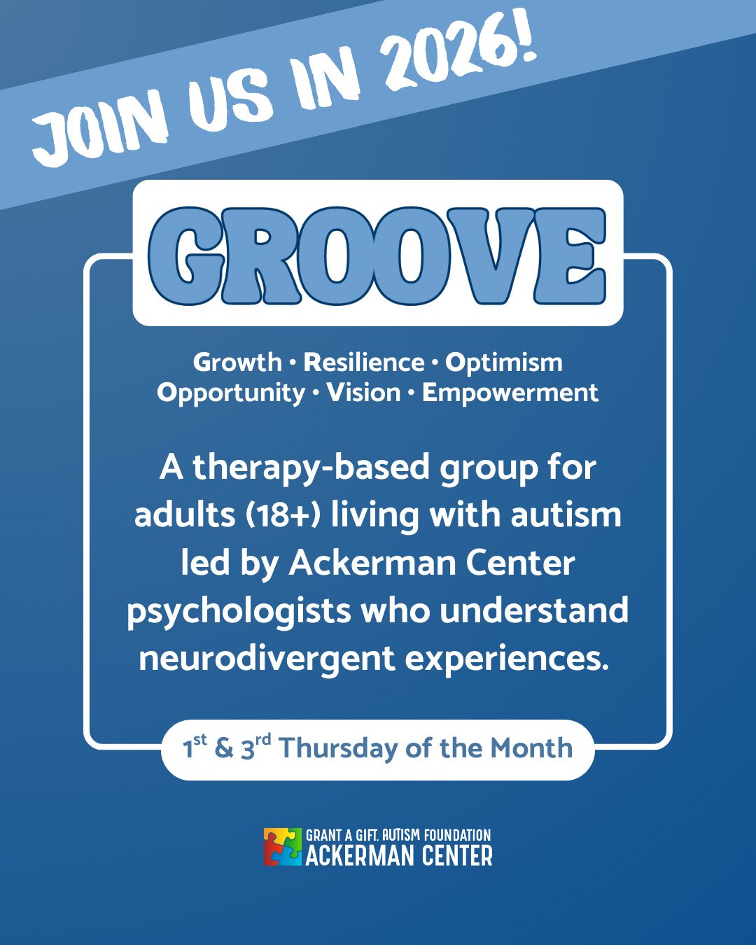 Join us in 2026 for GROOVE, a therapy-based group for adults 18+ living with autism. Together, participants explore relationships, stress, communication, boundaries, and self-awareness in a supportive, affirming space designed for growth and connecti