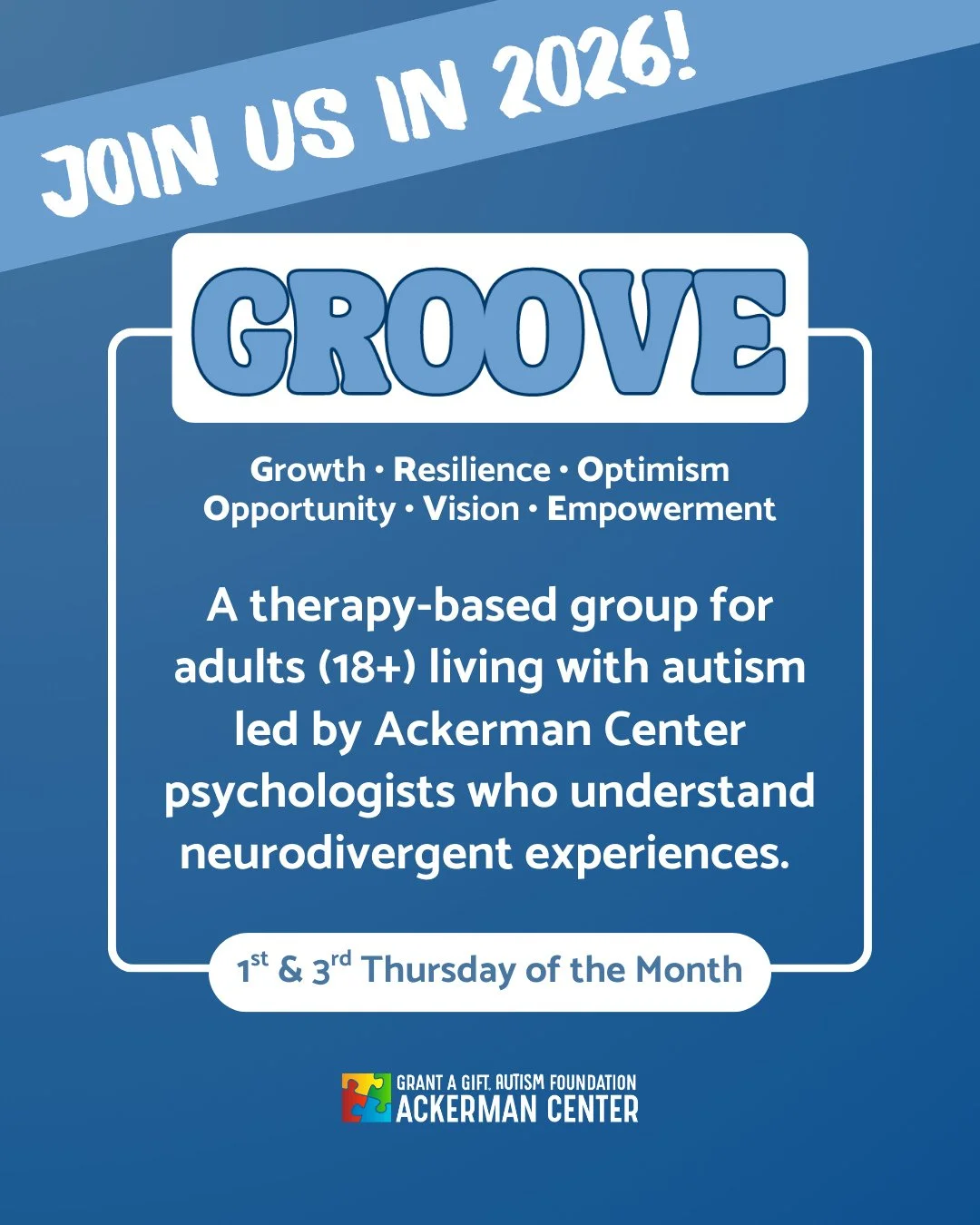 Step into the new year with GROOVE, a therapy-based group for adults 18+ living with autism. Together, participants explore relationships, stress, communication, boundaries, and self-awareness in a supportive, affirming space designed for growth and 