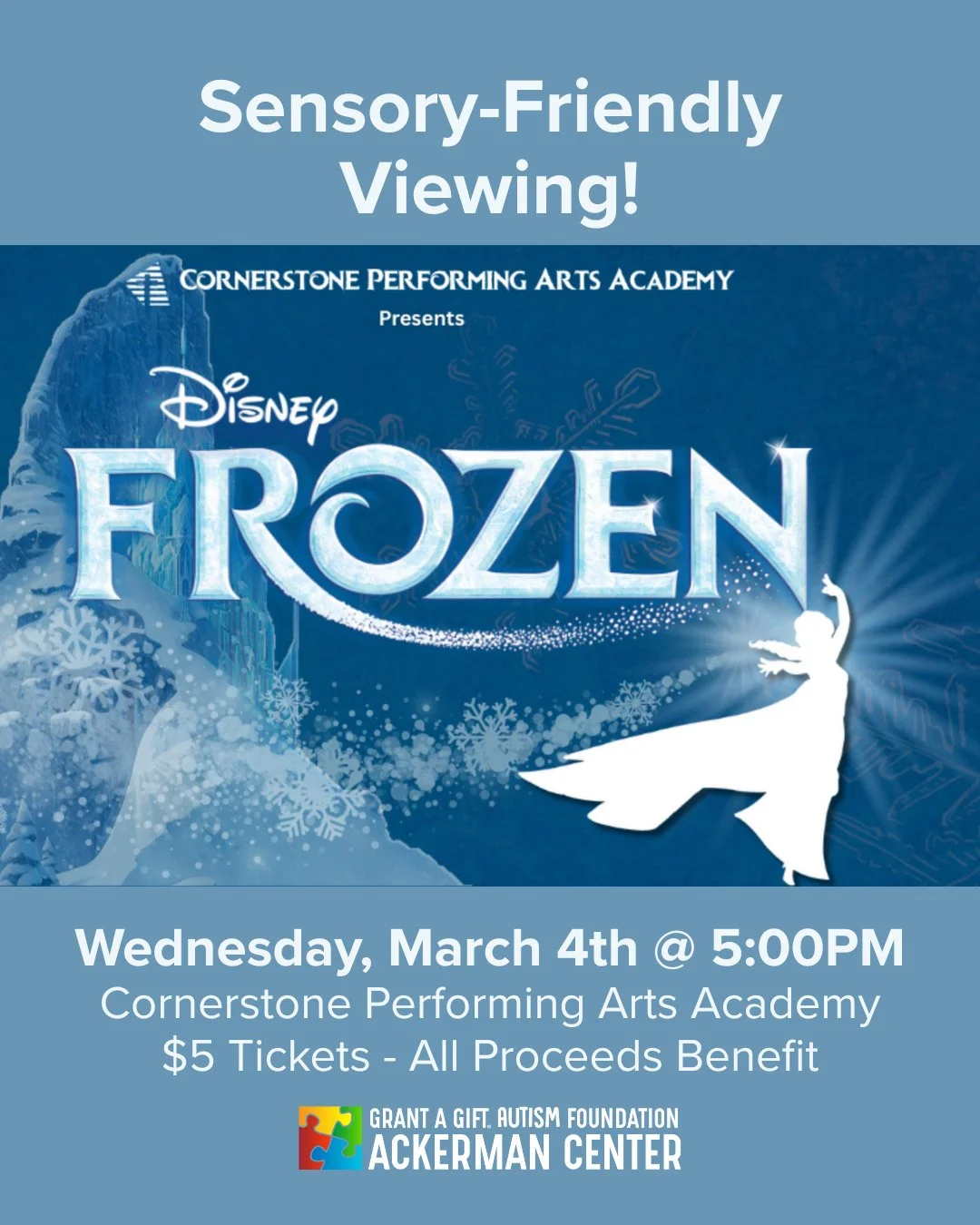 Happening THIS coming Wednesday!⁠
⁠
Our friends at Cornerstone Performing Arts Academy are offering a #sensoryfriendly performance of their newest production - Disney's Frozen! 🌟 The show is designed to create a welcoming and comfortable experience 