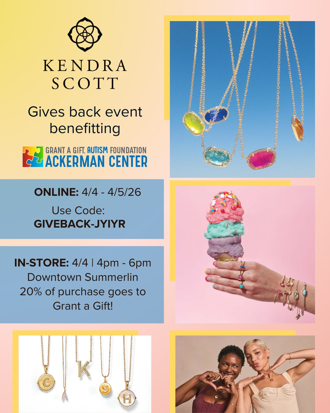 ✨🛍️ Shop for a cause with us! 🛍️✨⁠
Join Grant a Gift for a @kendrascott Gives Back event on Saturday, April 4th from 4&ndash;6 PM at the Kendra Scott store in @downtownsummerlin! 💛⁠
⁠
🛒 20% of all in-store sales during the event will be donated t