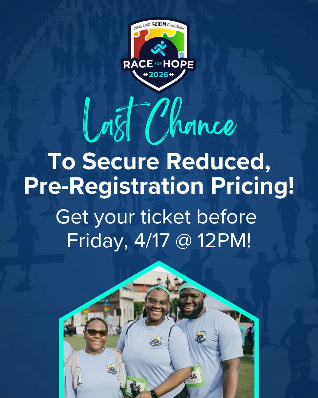 Race for Hope is this Saturday and YES, you can still join us! 💙🏃&zwj;♀️⁠
⁠
Secure your reduced-price, pre-registered ticket before the deadline: Tomorrow, Friday (04/17) at 12PM⁠
⁠
After that, tickets will be available on-site for $50 per person⁠
