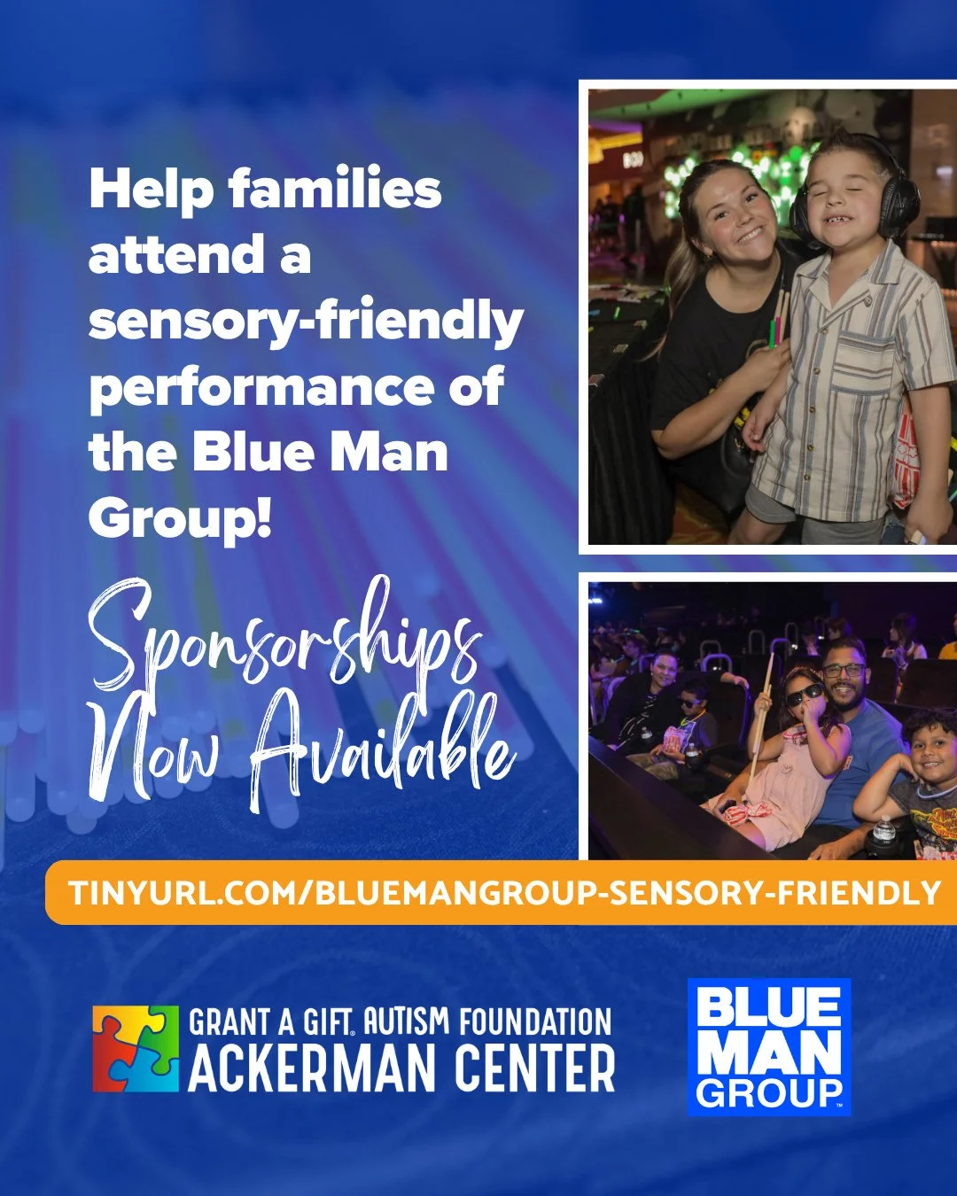 Help bring the Blue Man Group experience to local autism and neurodiverse families! 💙💠🌀🔵⁠
⁠
Sponsorships are now available for our upcoming Blue Man Group sensory-friendly performance on Sunday, 6/14. These sponsorship packages are designed to he
