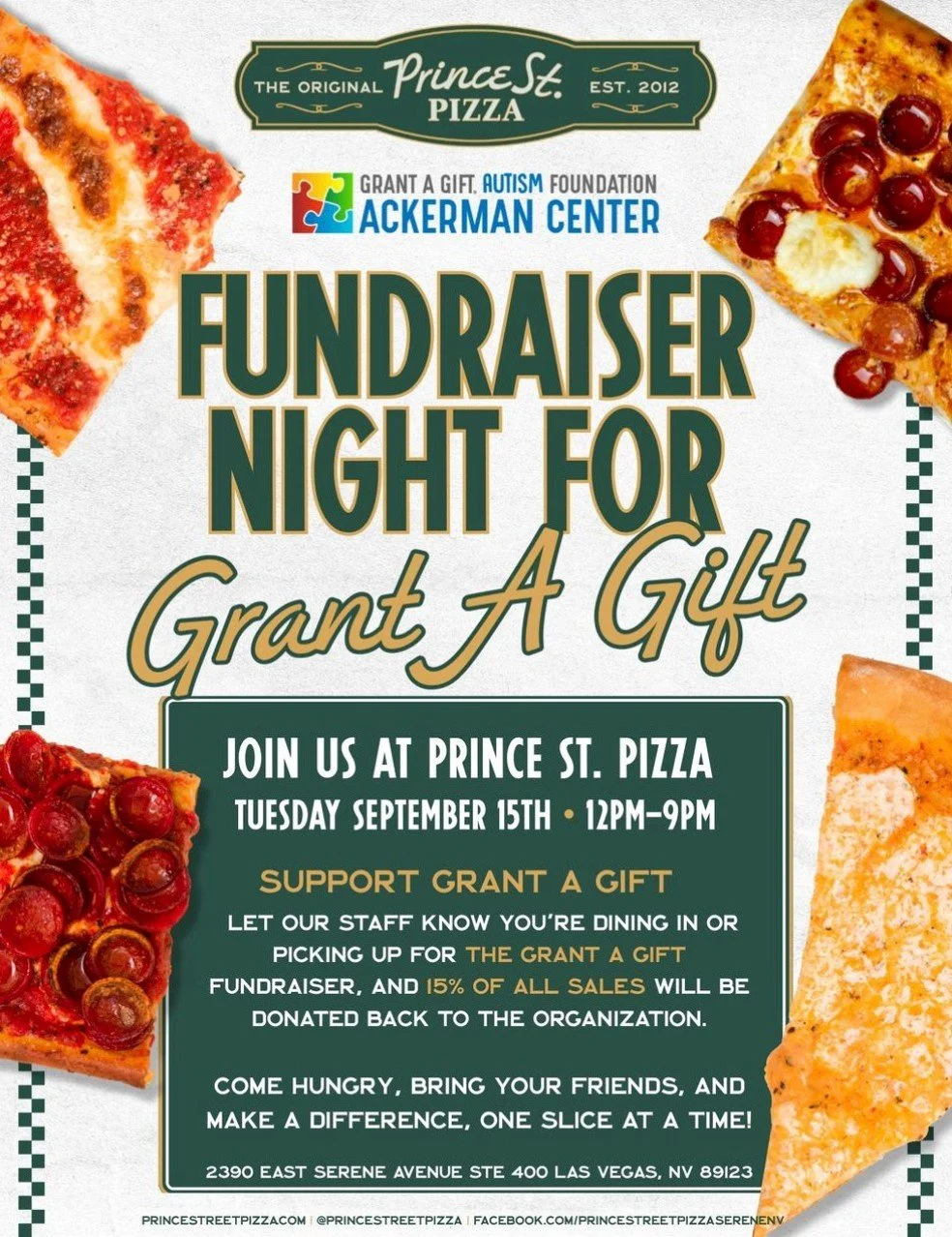 🍕 Pizza tastes even better when it gives back!⁠
⁠
Join us at @princestreetpizza on Serene for a Fundraiser Night benefiting Grant a Gift Autism Foundation - Ackerman Center. Grab your favorite slices, bring your friends and family, and help support 