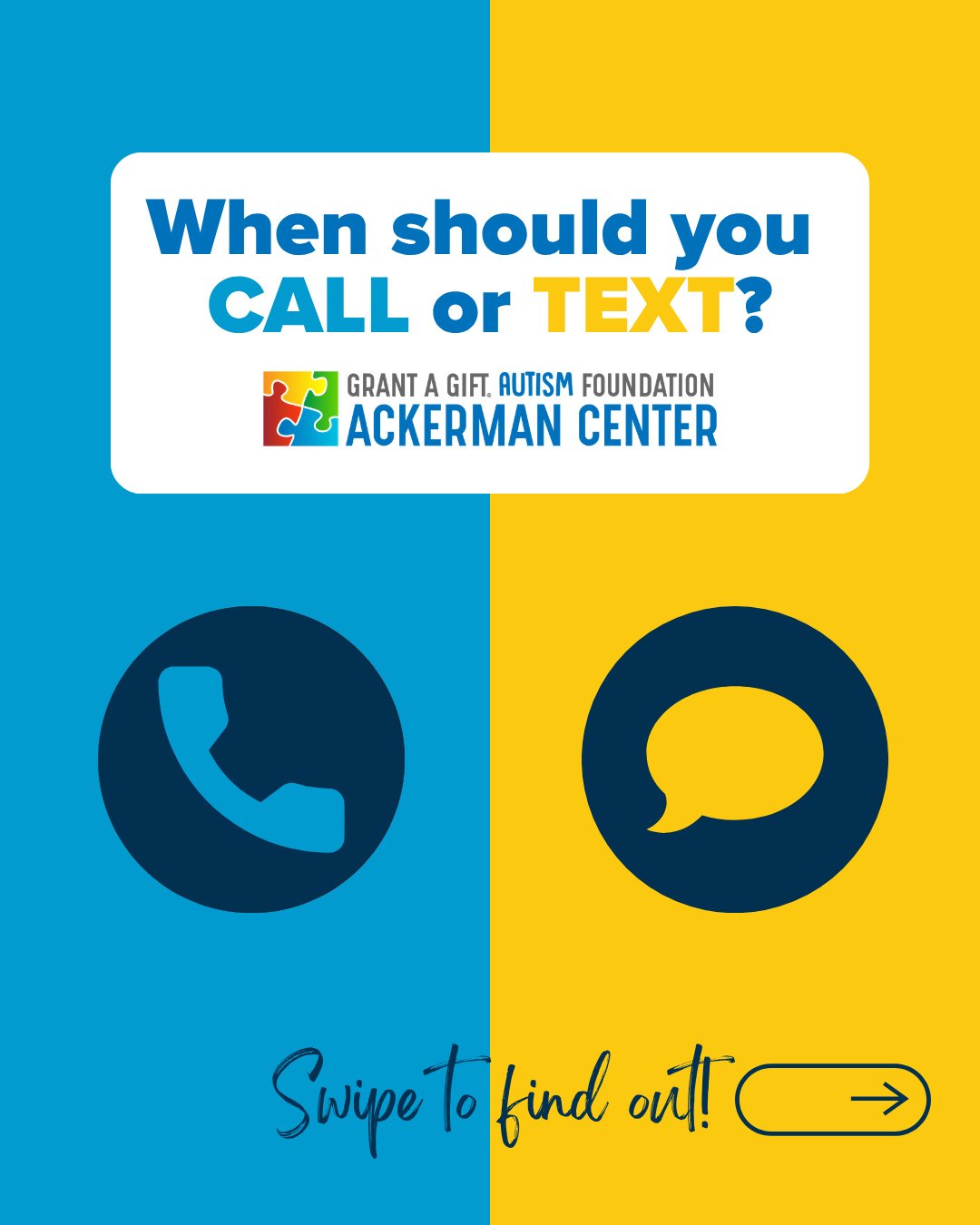 Have a question for the Ackerman Center? Knowing whether to call or text can help us get you the right information as quickly as possible.⁠
⁠
💛 TEXT US for general questions, like:⁠
Services we offer, hours and location, paperwork status, or general