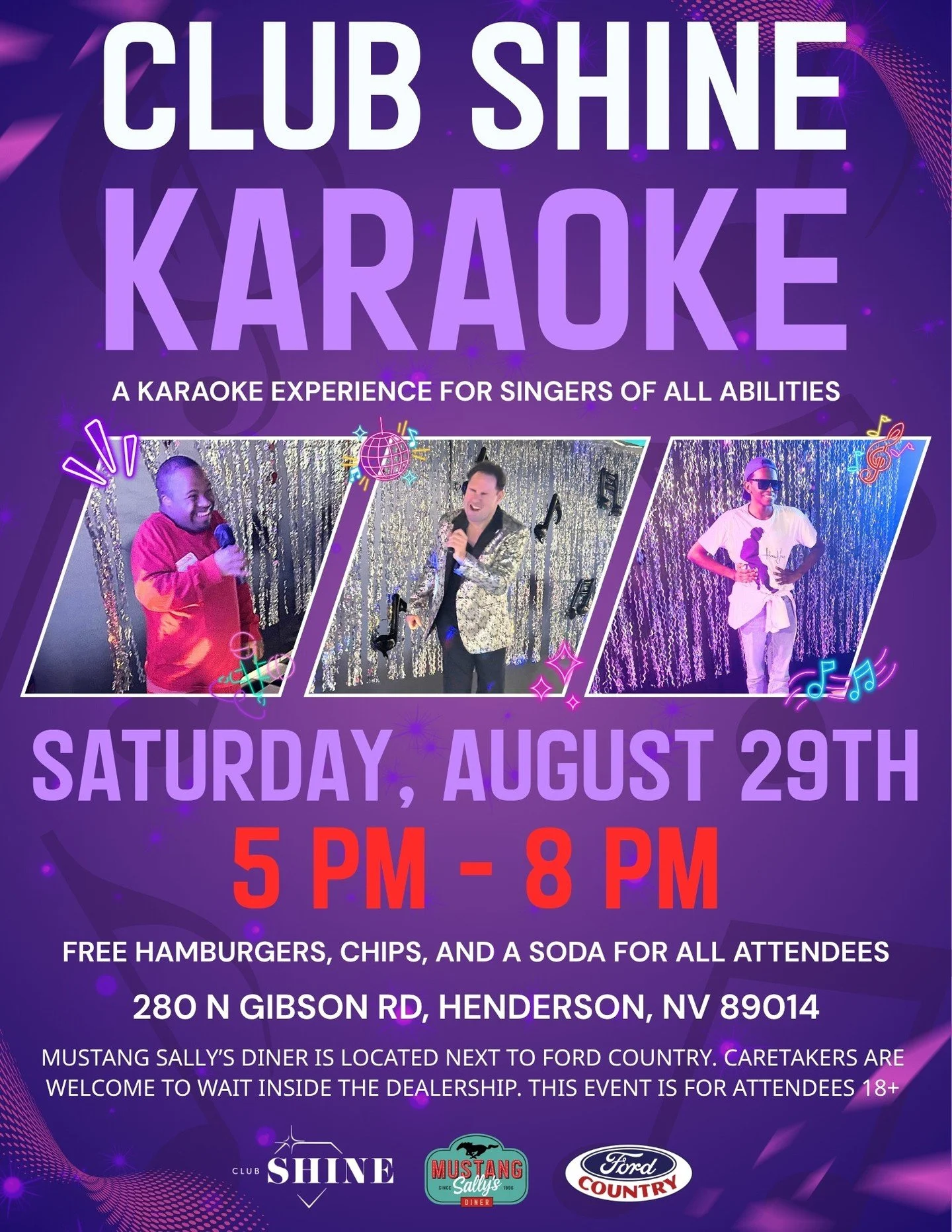 Another #karaoke experience for singers of all abilities is happening Saturday, August 29th! Our friends at @clubshinelv our hosting a fun evening filled with tunes, food, and fun at @mustangsallysdiner_  located next to @fordcountrylv.⁠
⁠
Must be 18