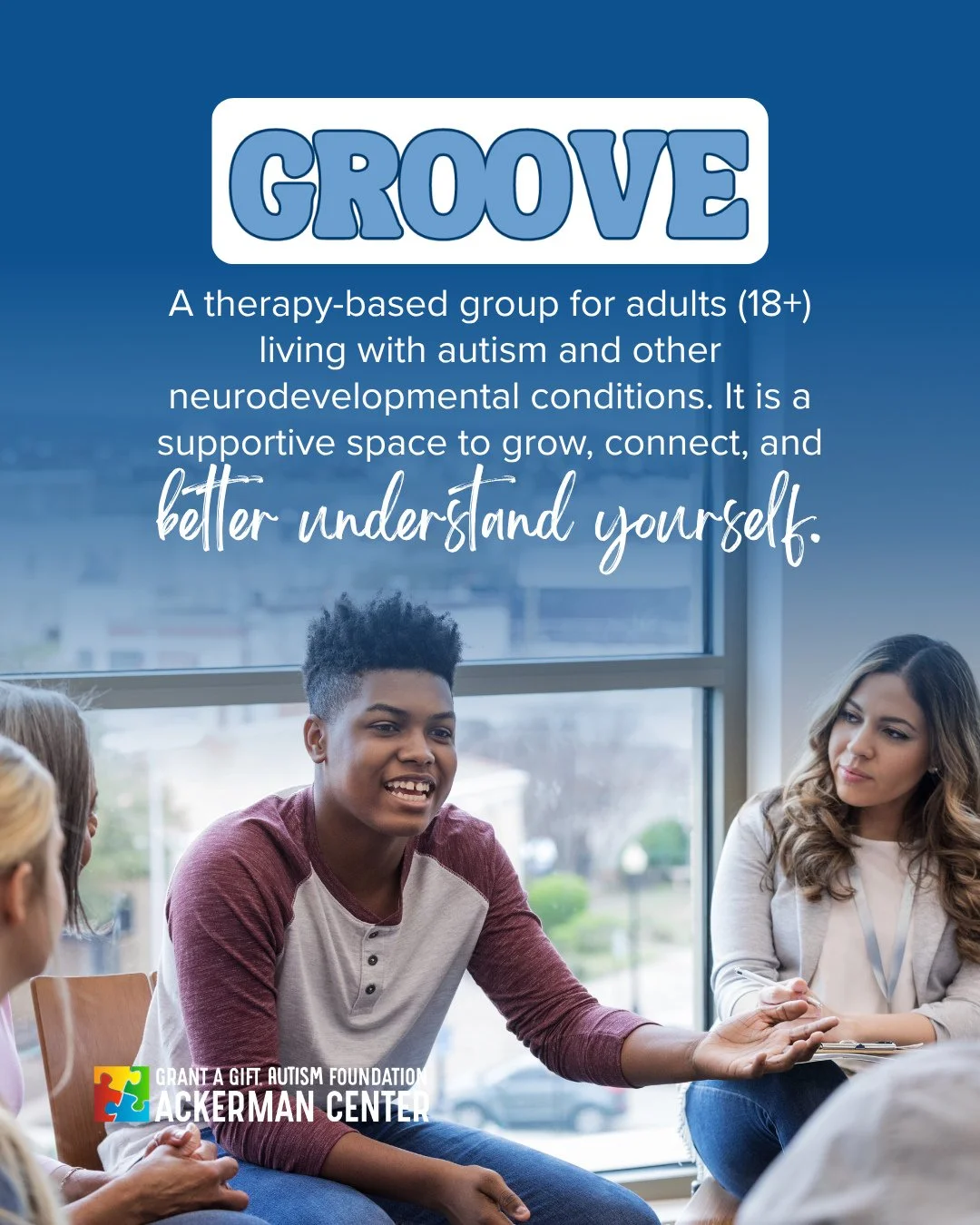 GROOVE is more than a social skills group. It&rsquo;s a therapy-based space for adults 18+ living with autism and other neurodevelopmental conditions to connect, grow, and better understand themselves.⁠
⁠
Through real conversations and practical tool