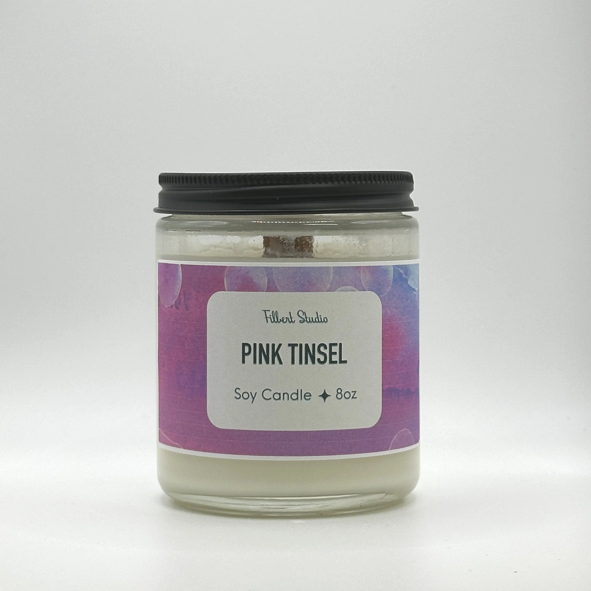 8 oz candle with watercolour label jar with black metal lid