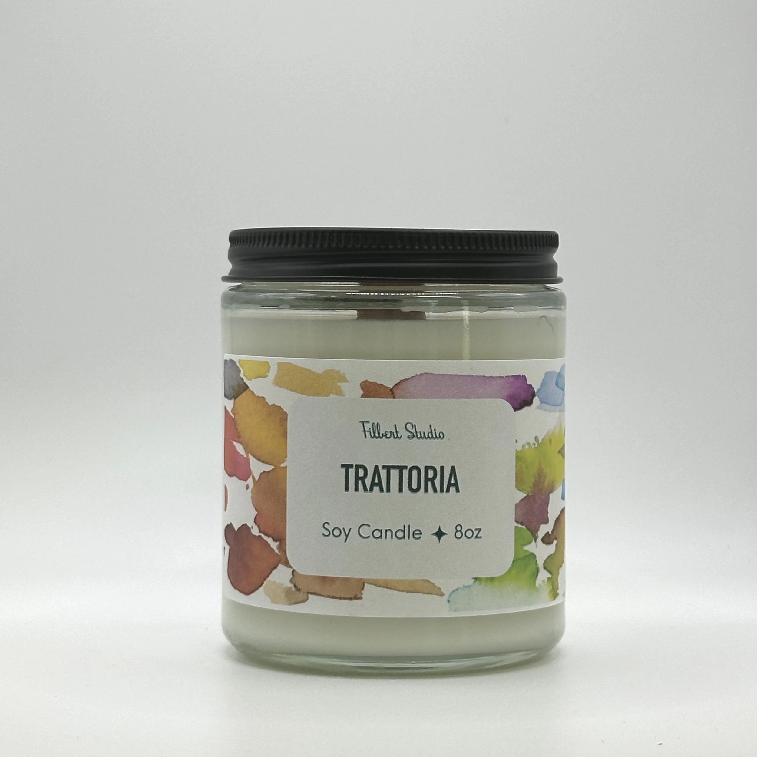 8 oz candle with watercolour label jar with black metal lid