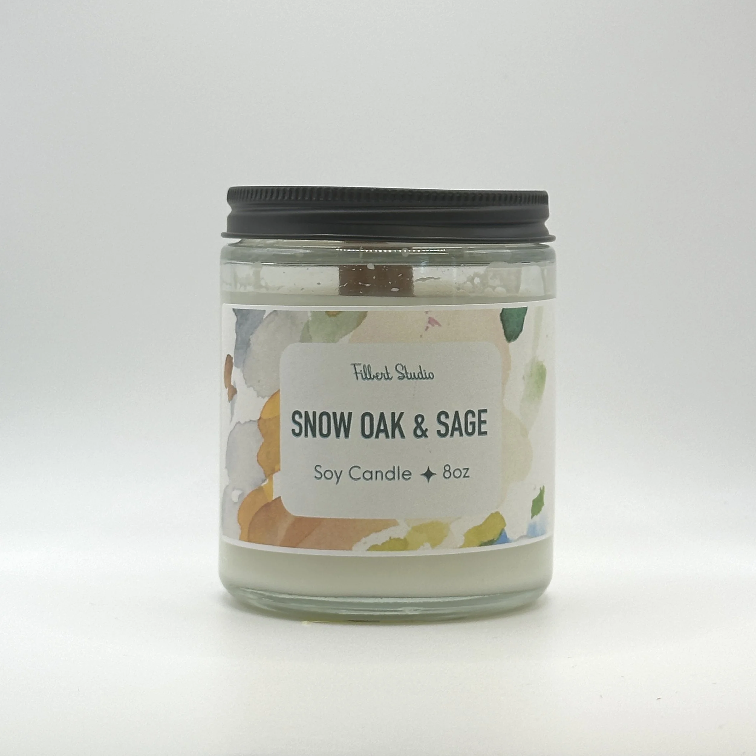 8 oz candle with watercolour label jar with black metal lid