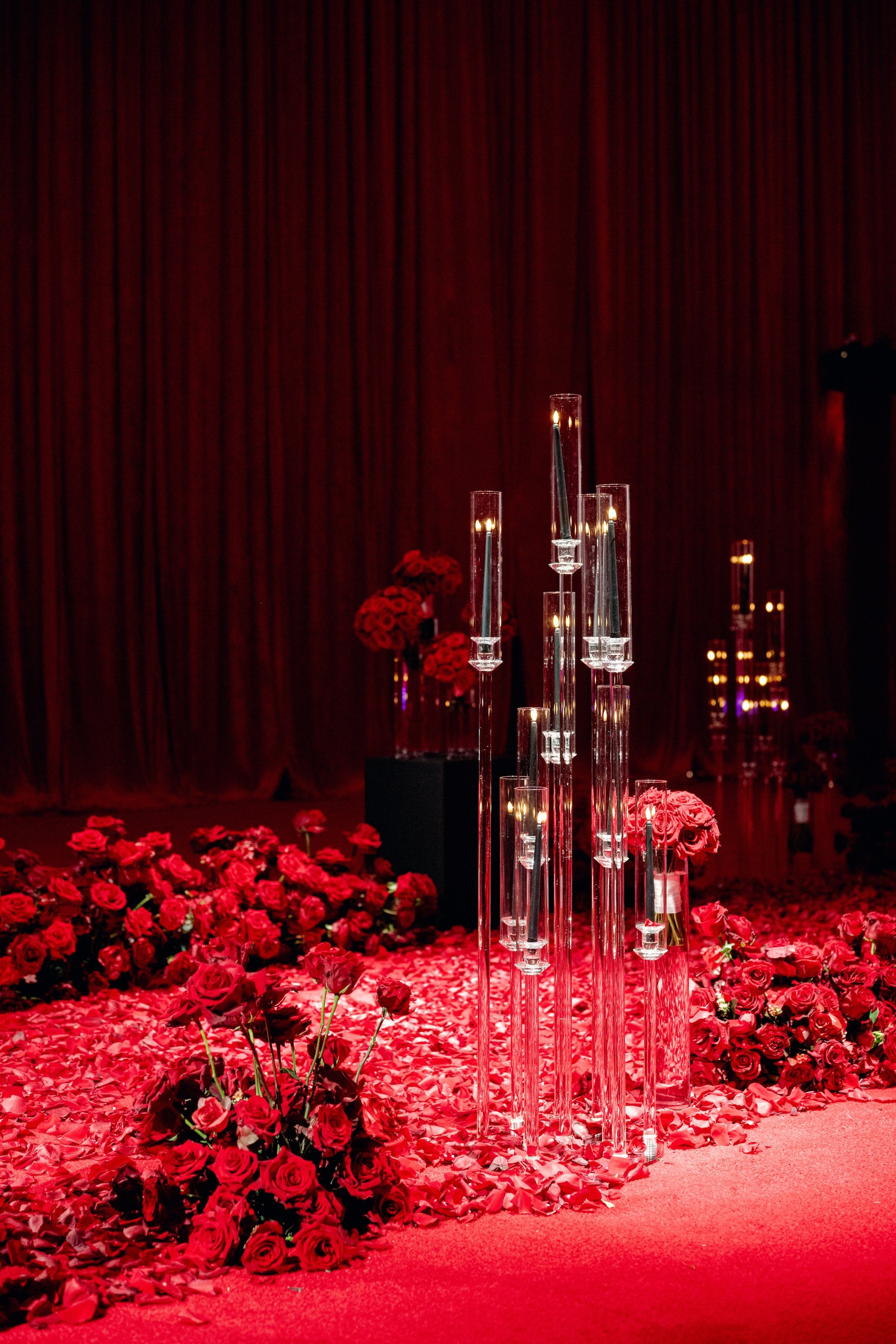 Red and black modern wedding reception at Fontainebleau Las Vegas.  Luxury Las Vegas Wedding Planner Andrea Eppolito.