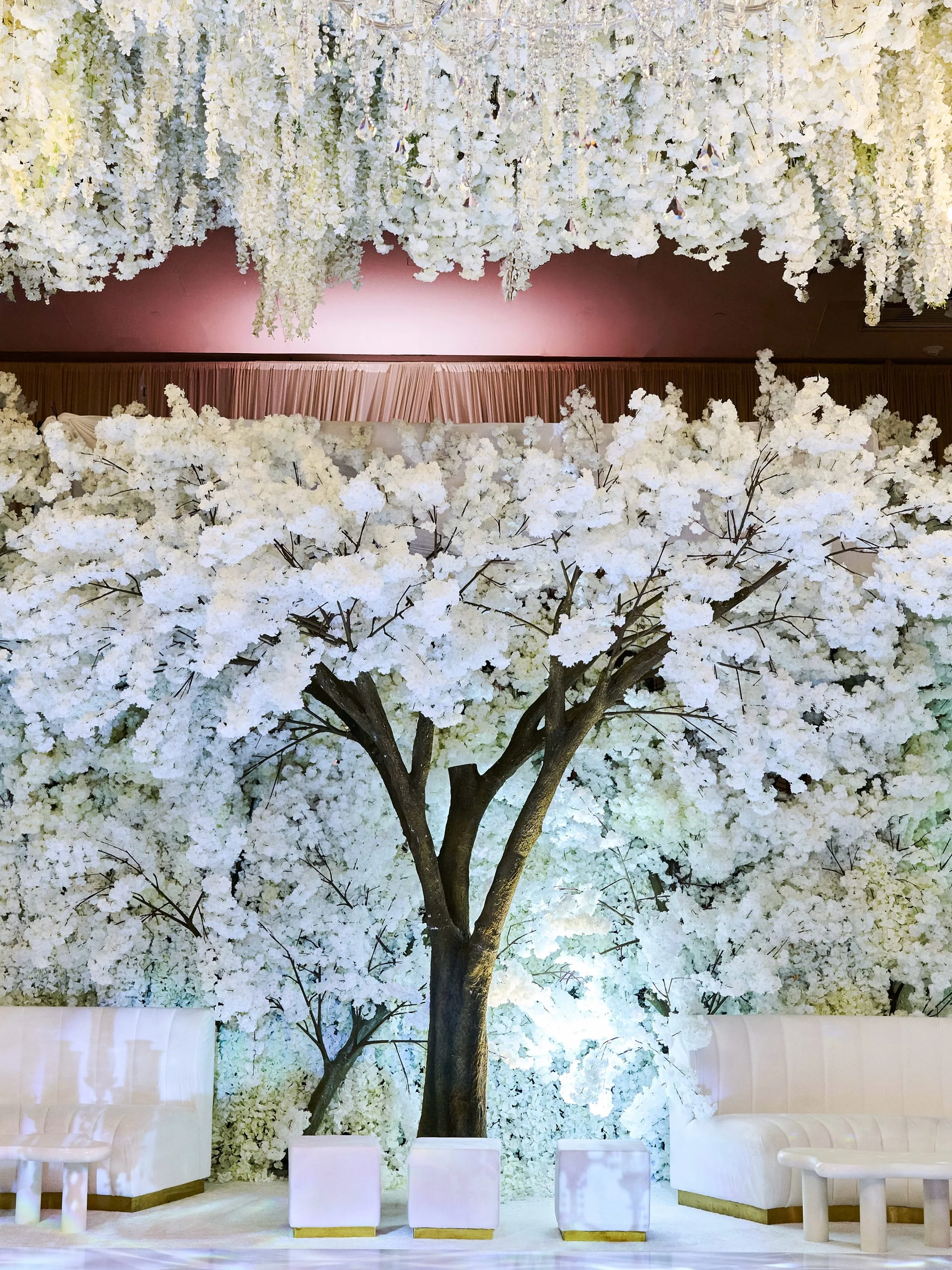 POV: you tranform the ballroom, building a garden in the sky dripping with orchids, roses, white blooms, and chandeliers. 

From the head table, it appears that the tree and floral walls are climbing up to reach the ceiling. But what people didn&rsqu