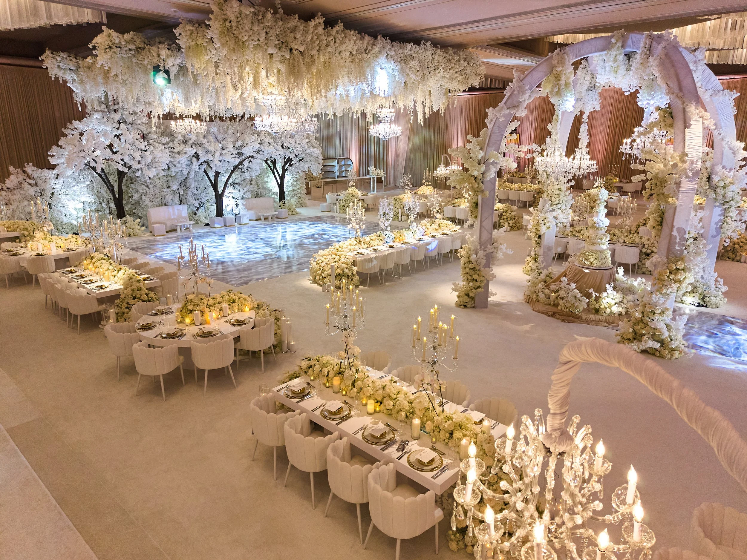 white and cream and gold wedding reception ARIA Las Vegas