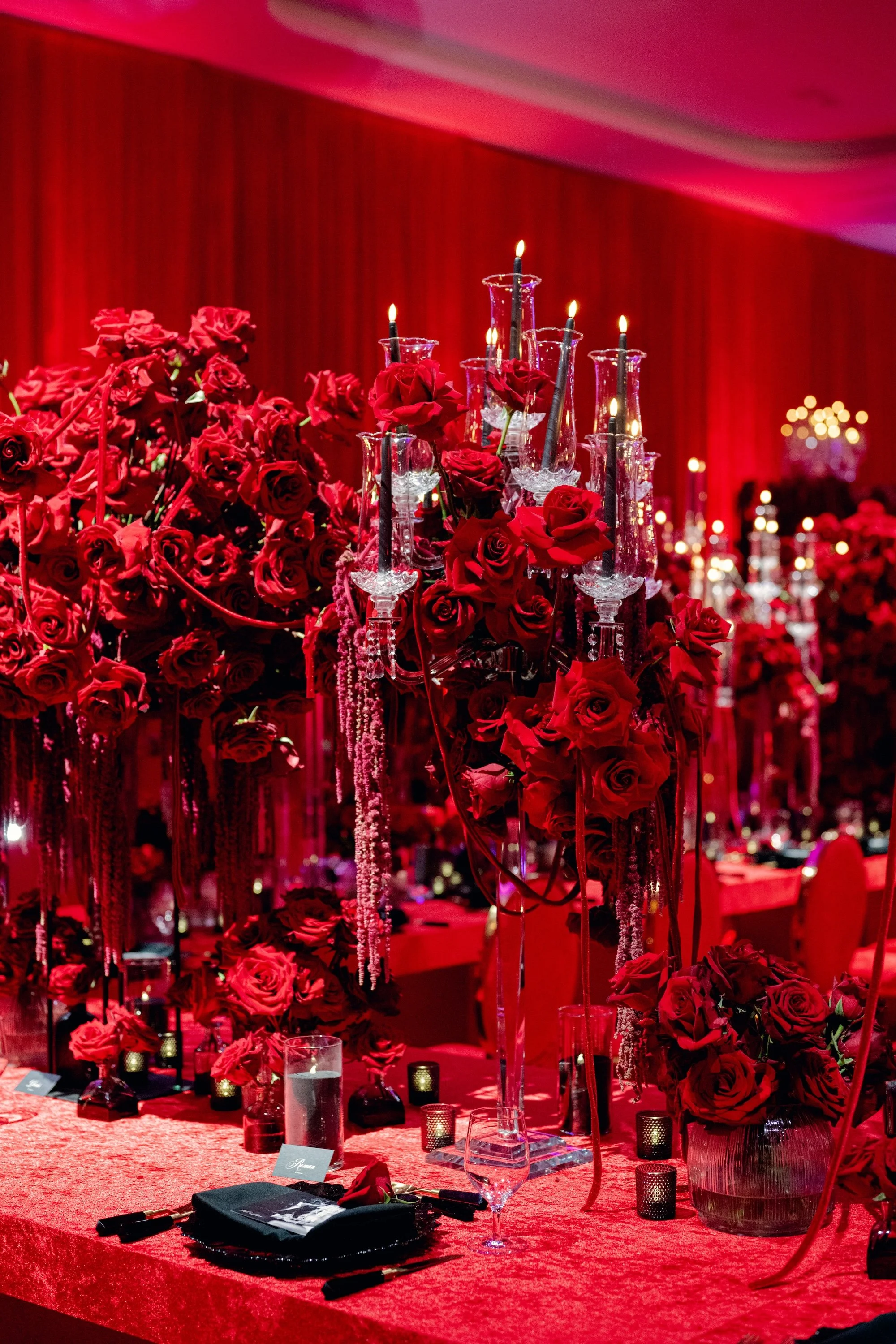 Red and black modern wedding reception at Fontainebleau Las Vegas.  Luxury Las Vegas Wedding Planner Andrea Eppolito.
