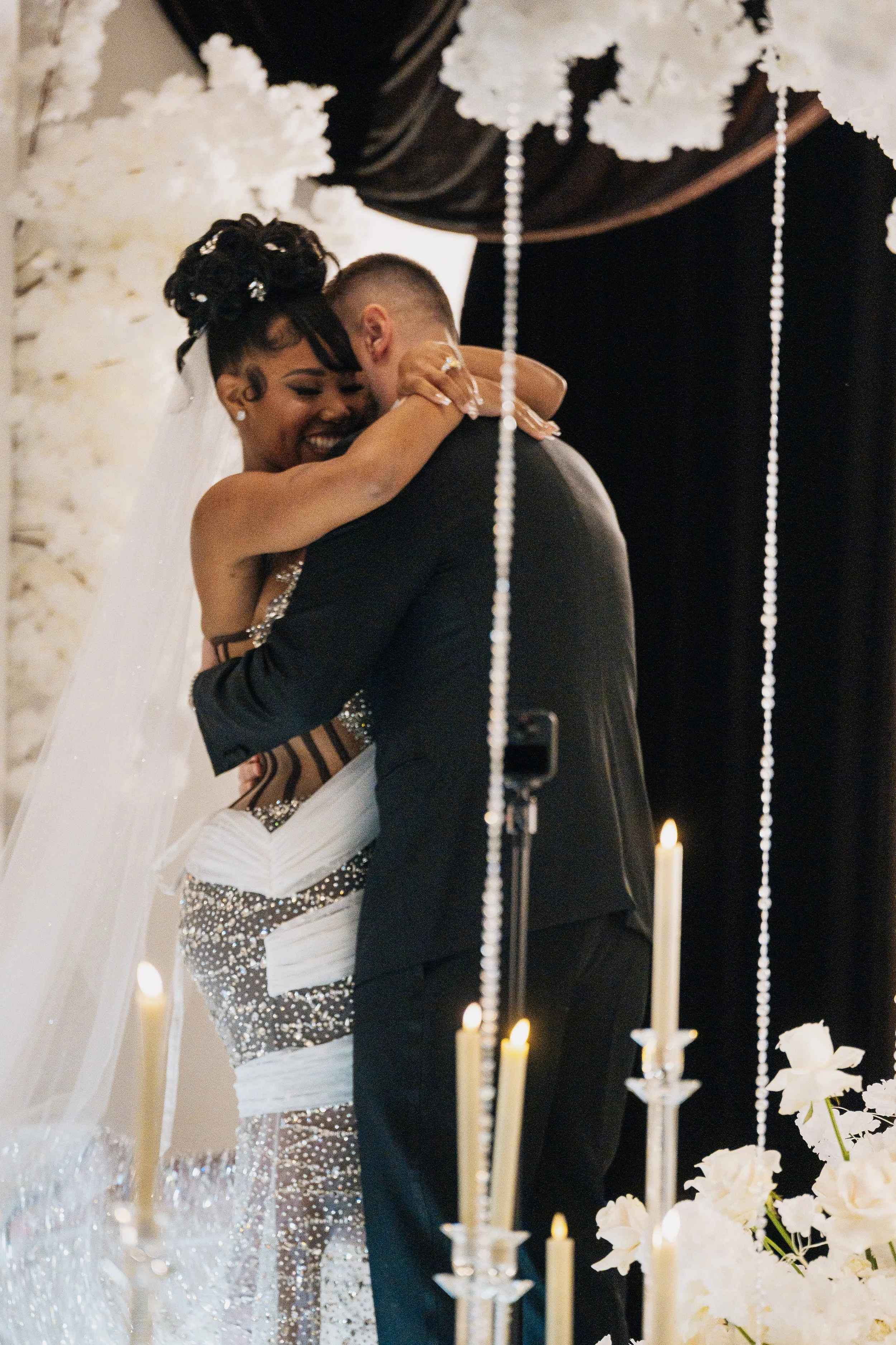Bride and Groom Embrace at Million Dollar Wedding