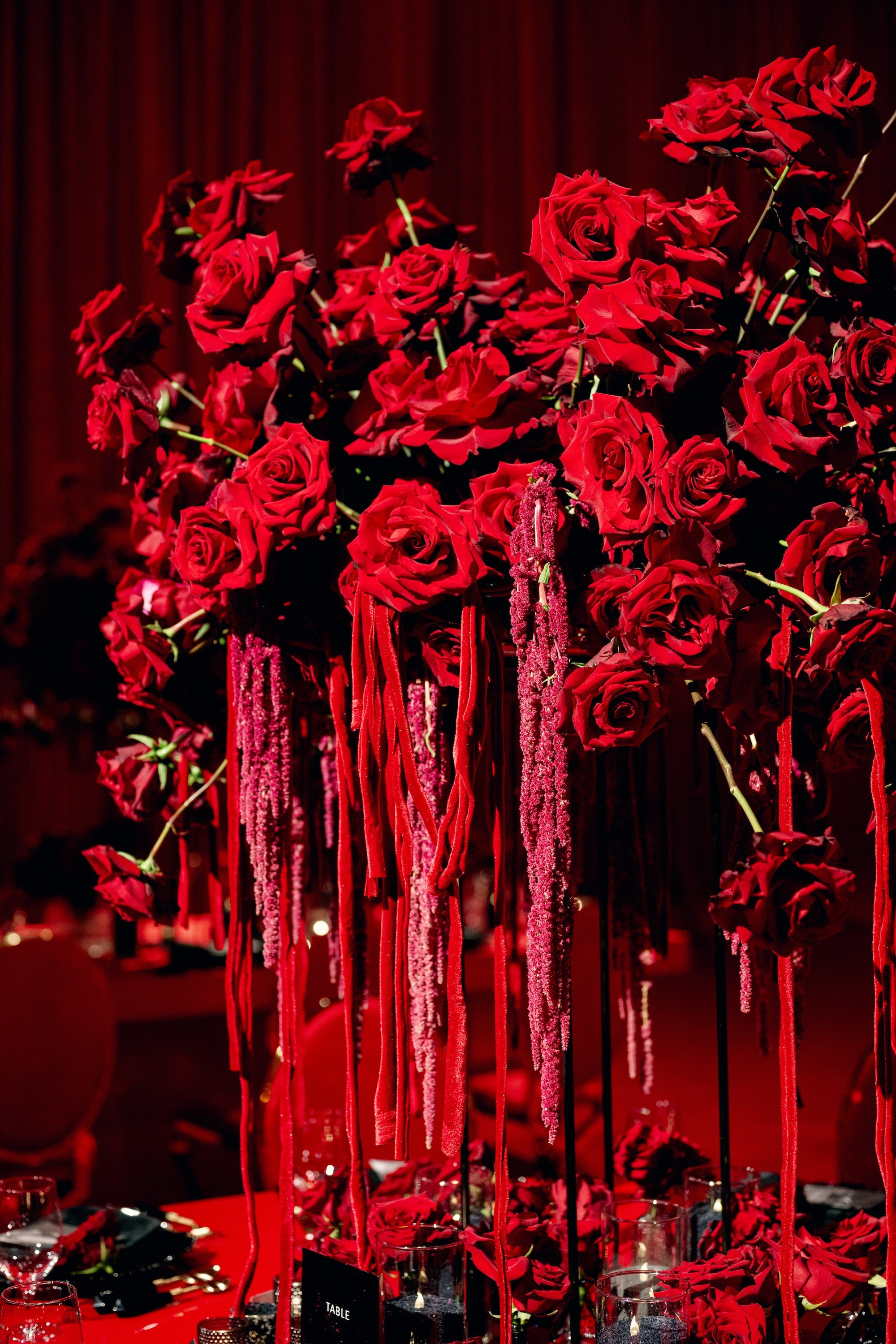 Red and black modern wedding reception at Fontainebleau Las Vegas.  Luxury Las Vegas Wedding Planner Andrea Eppolito.