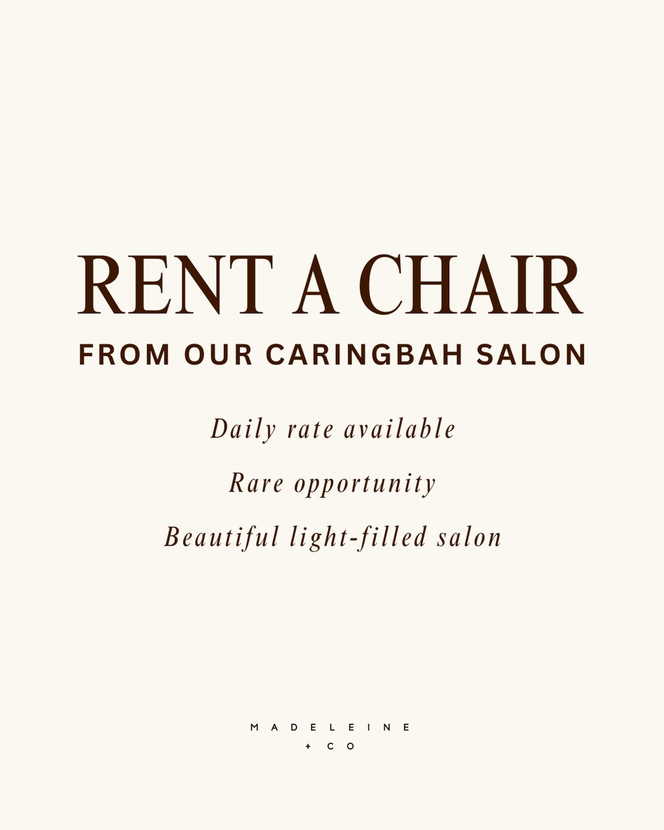 RENT A CHAIR! ✨

Looking for a beautiful, light-filled space to grow your business? We have a super rare opportunity to rent a chair from our Caringbah salon.

What&rsquo;s on offer:
&mdash; Daily rates available for maximum flexibility
&mdash; A stu