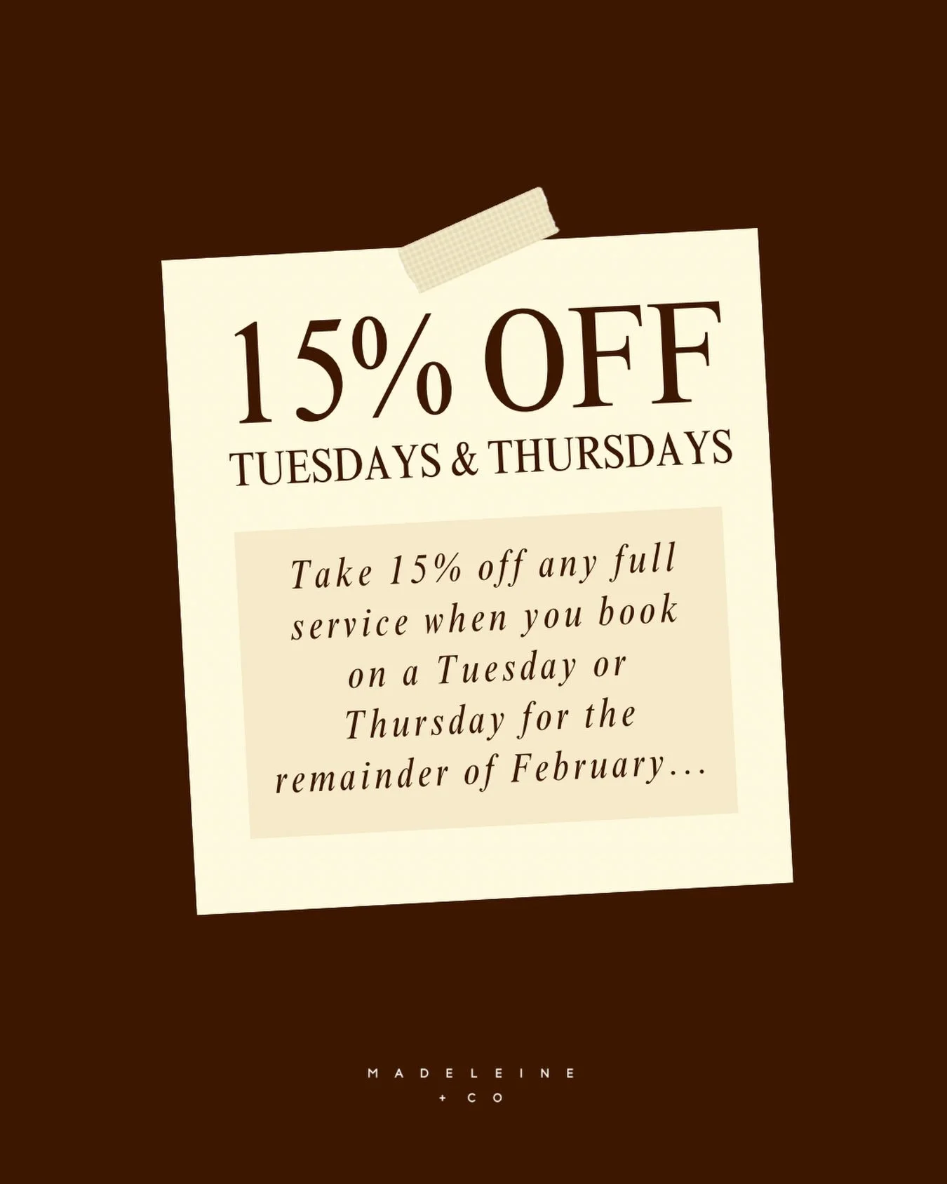 Tuesdays and Thursdays just got a WHOLE lot better. ❤️&zwj;🔥

We&rsquo;re taking 15% off all full services for the rest of February. Consider it your sign to skip the weekend rush and book your mid-week appointment. 

LIMITED SPOTS AVAILABLE &mdash;