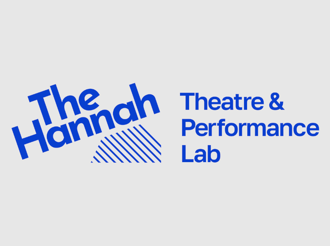 Diagonal blue stripes depict the building, with 'The Hannah'written above.  Next to this is written 'Theatre & Performance Lab'