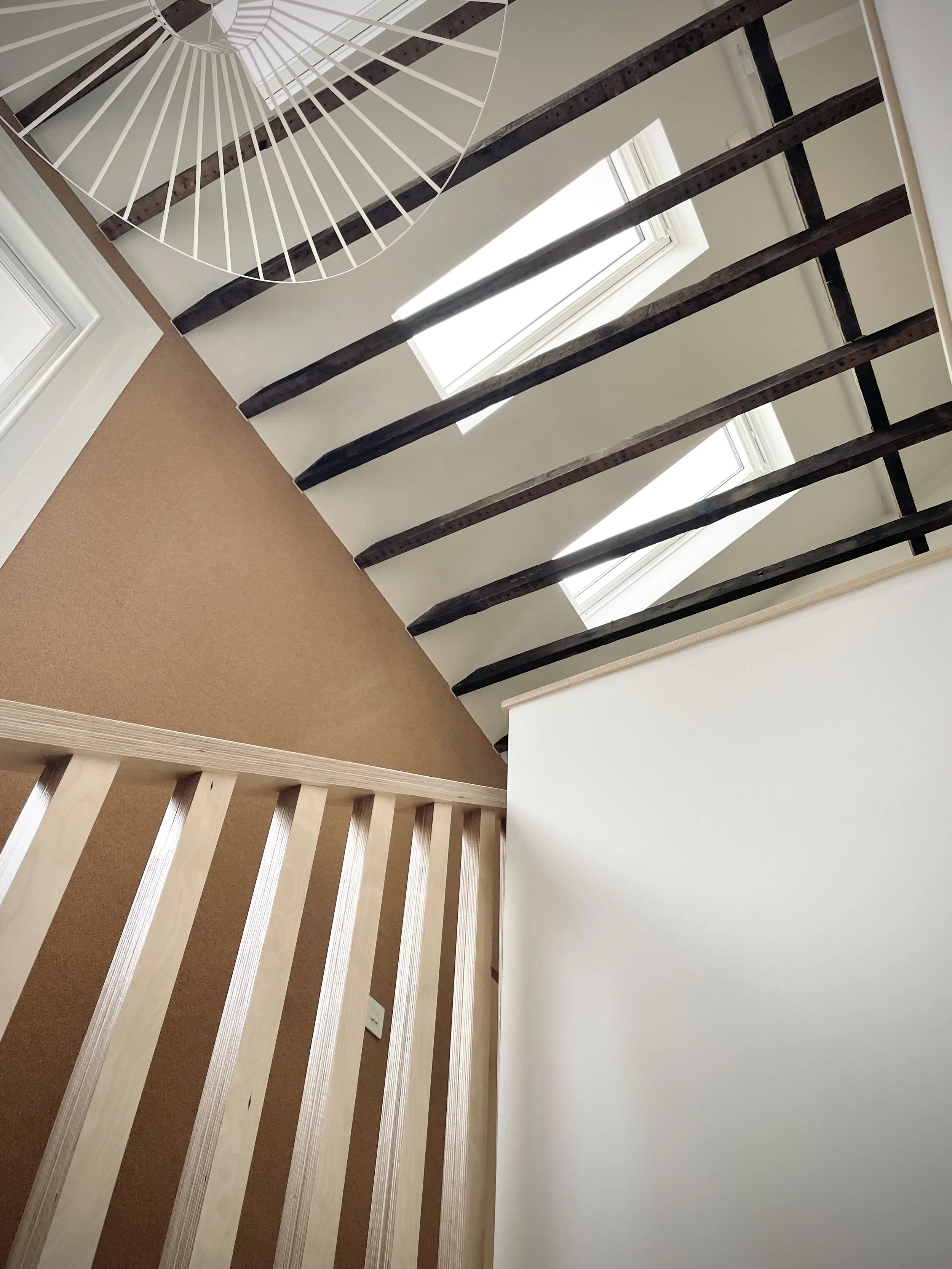 View looking up from staircase to rooflights in double height space