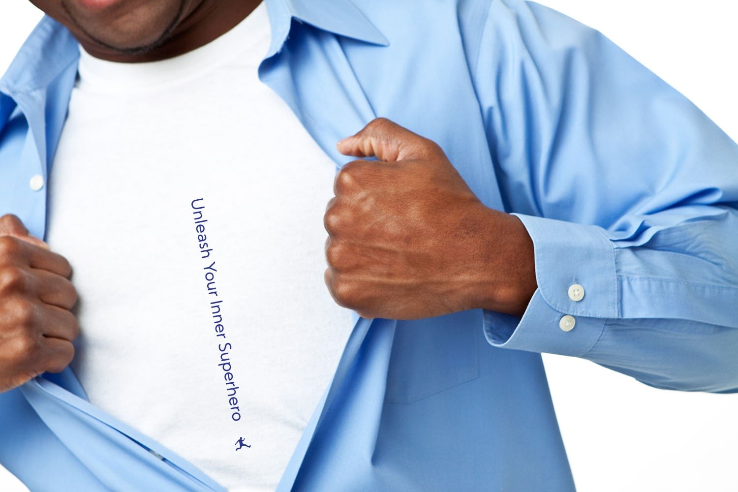A close up of a man doing a super hero pose pulling his blue dress shirt open to reveal a secret message - Unleash Your Inner Superhero. It's an upscale undershirt that is also the perfect white tee.
