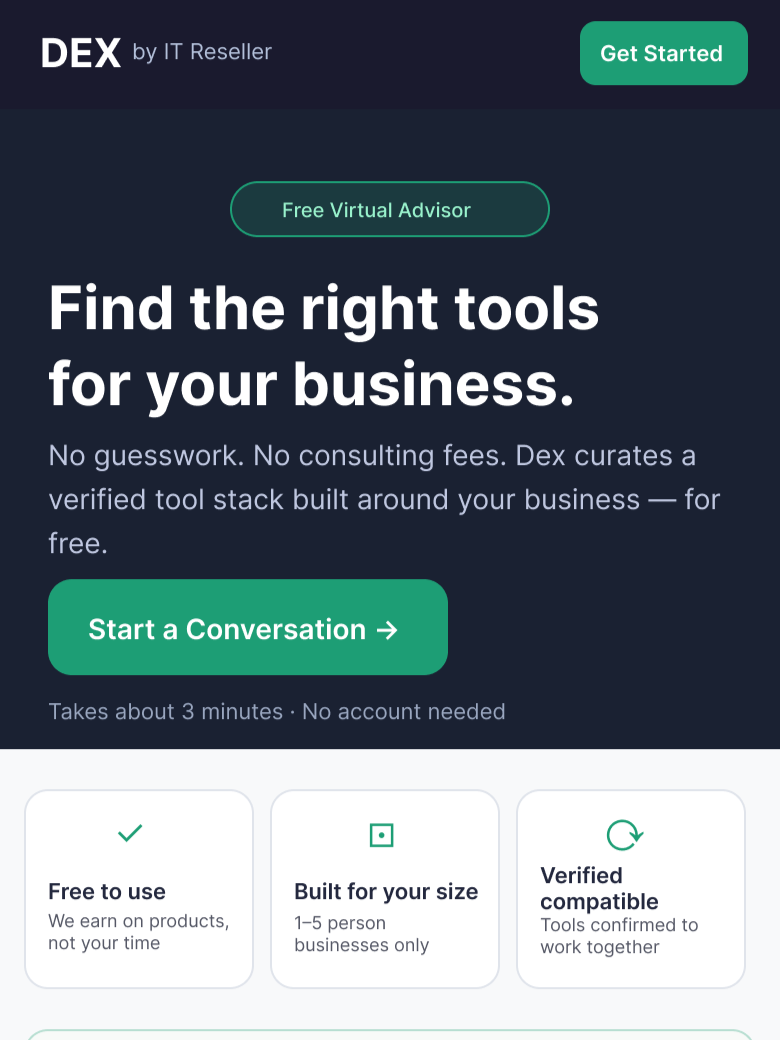 Dex: an AI tool-stack advisor for solo businesses · A product management case study