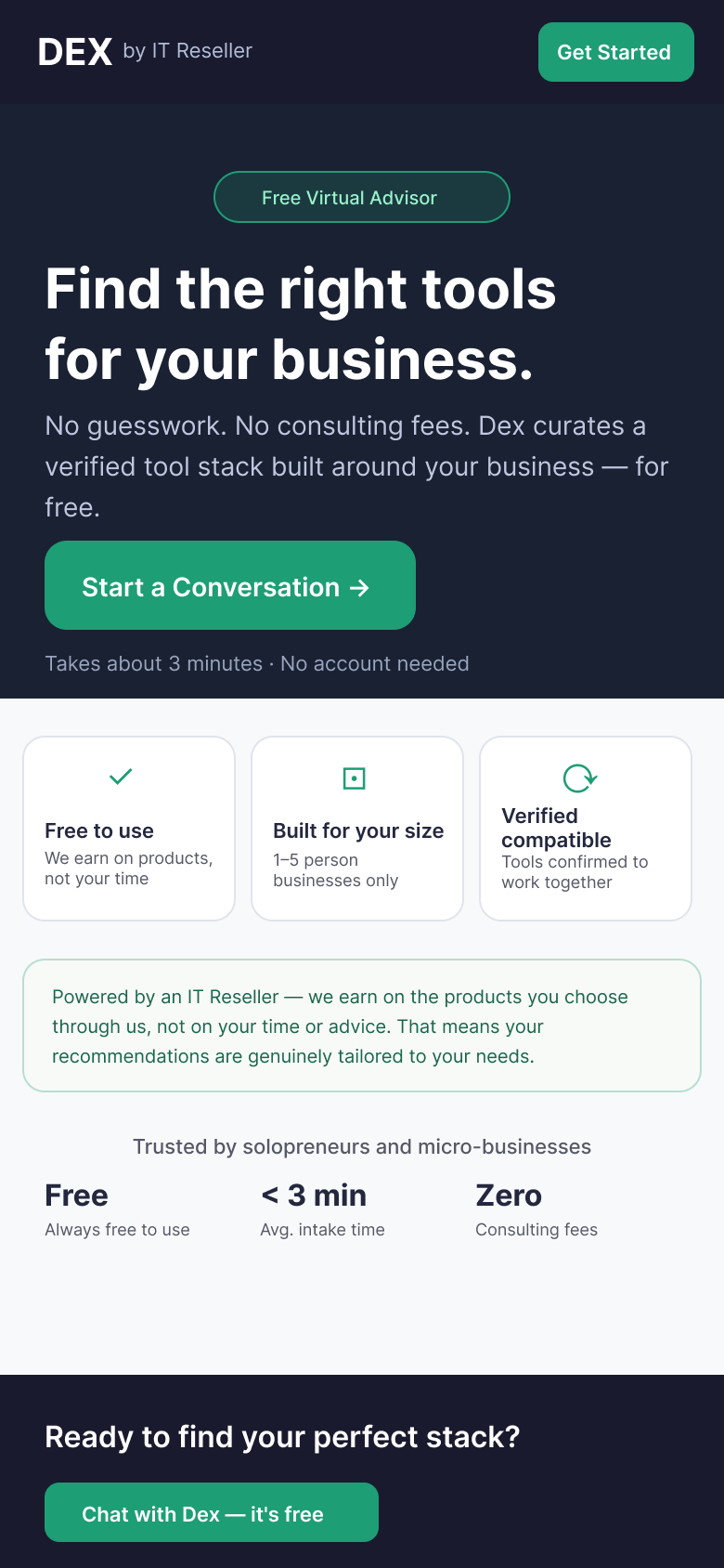 Dex: an AI tool-stack advisor for solo businesses · A product management case study