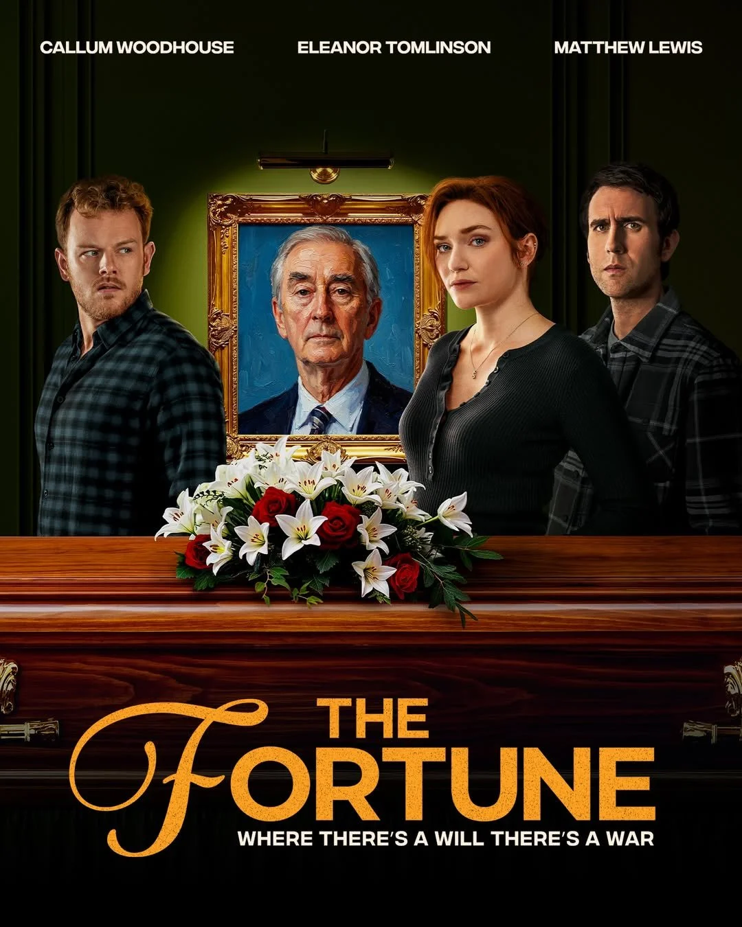 Promotional poster for the TV series "The Fortune" featuring three characters standing behind a coffin with a bouquet of white lilies and red roses, and a portrait of an elderly man in a gold frame in the background.