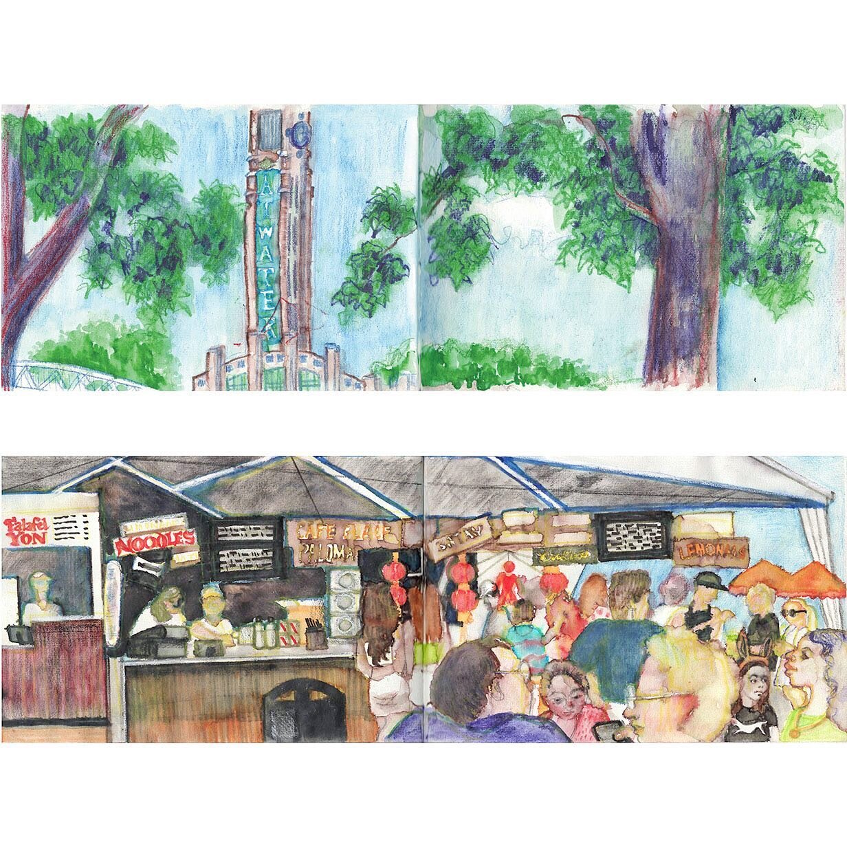 2 double-page spreads from my sketchbook: Atwater Market.

#atwatermarket #foodmarket #foodiemarket #gourmetfoodmarket #sketchbook #drawnfromlife #peopleatleisure #sketchbookspreads #dps